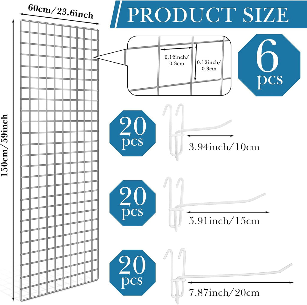 Hicarer 6 Pcs Commercial Grade Gridwall Panels for Display, Heavy Duty Wire Grid Wall Display Rack Metal Wall Mount Grid with 60 White Hooks for Retail Display Home Storage Vendor Events(2 x 5 ft)