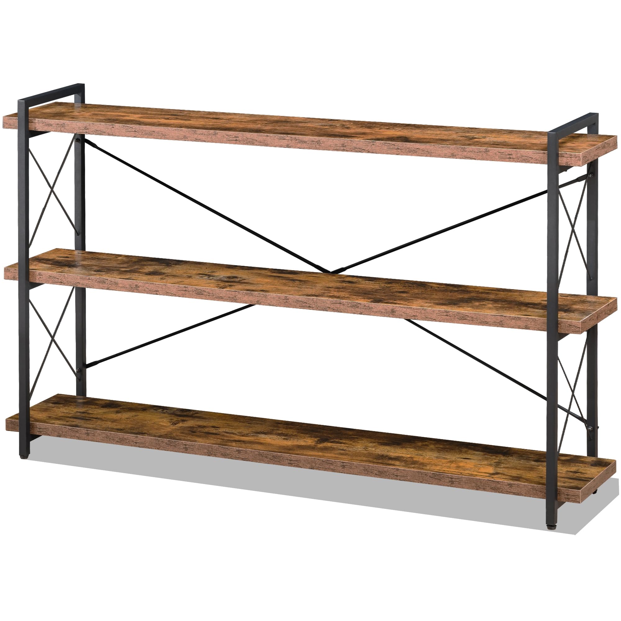 HCHQHS Bookshelf, 3-Tier Industrial Bookcase, Rustic Open Book Shelf, Wood and Metal Horizontal Bookshelves