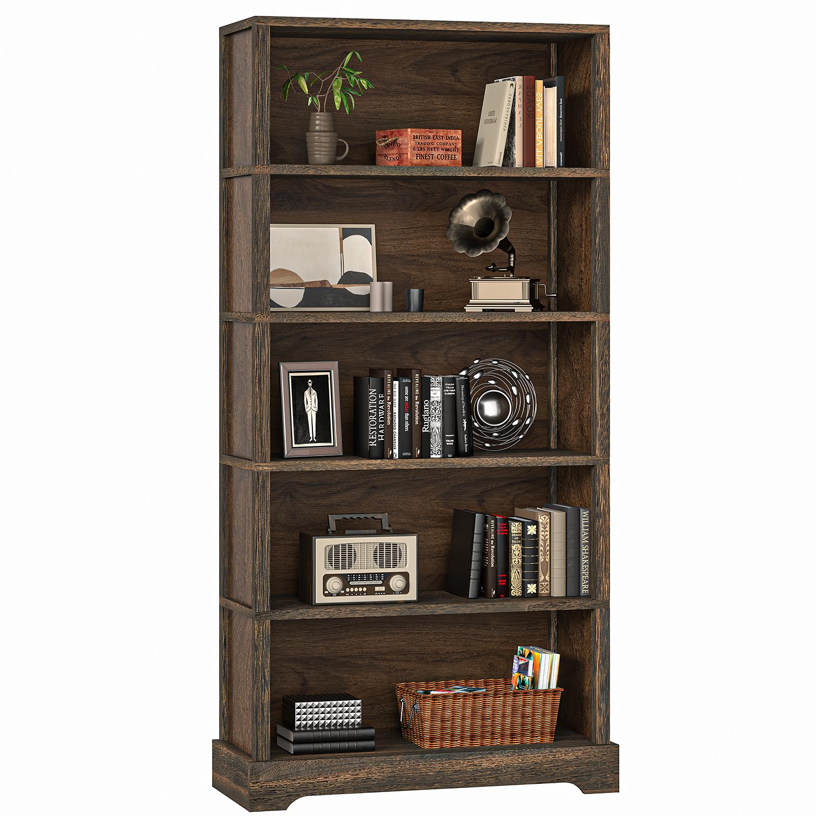 TVU 6-Tier Wooden Book Shelf, Floor-Standing Display Bookcase, 77.2" H x 31.5" W x 11" D Bookshelf, Farmhouse Style Book Case with Arched Base, Suitable for Living Room, Study, Office, Walnut