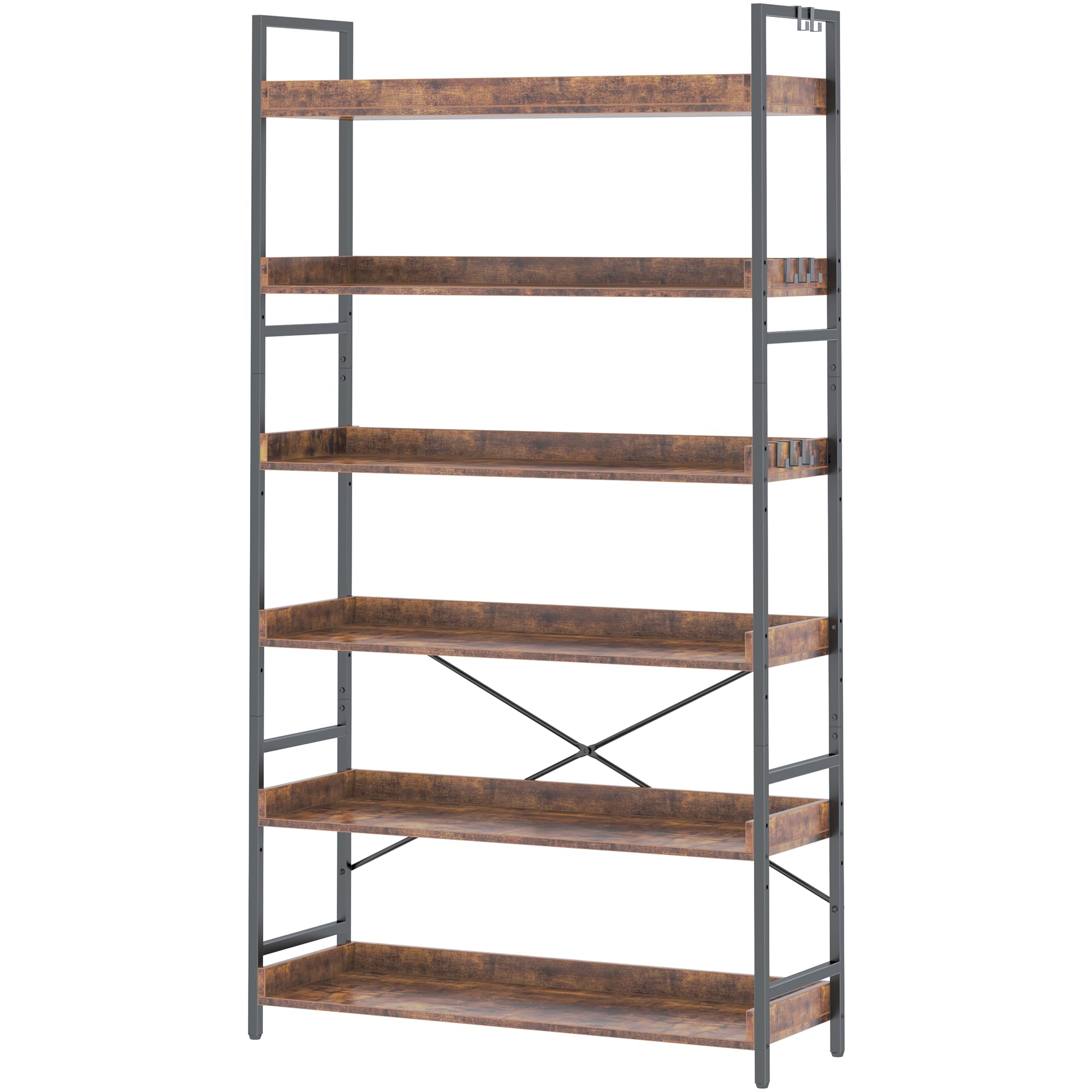 HCHQHS Adjustable 6 Tier Open Bookcase, Rustic Farmhouse Book Shelves, Industrial Wood and Black Metal Bookshelves, Mid Century Bookcase for Home Office Living Room Bedroom