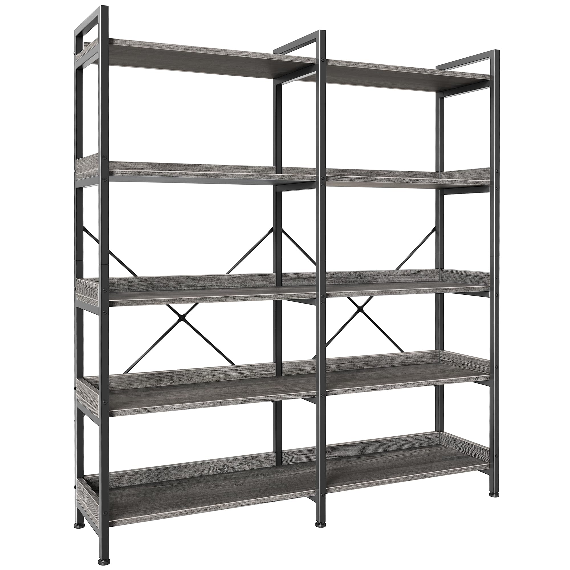 Huuger 5 Tier Bookshelf, Display Bookshelf with 10 Open Shelves and Raised Baffle, 47.2 Inch Straight Wide Bookcase with Metal Frame and Wooden Board, Adjustable Feet, Rustic Brown