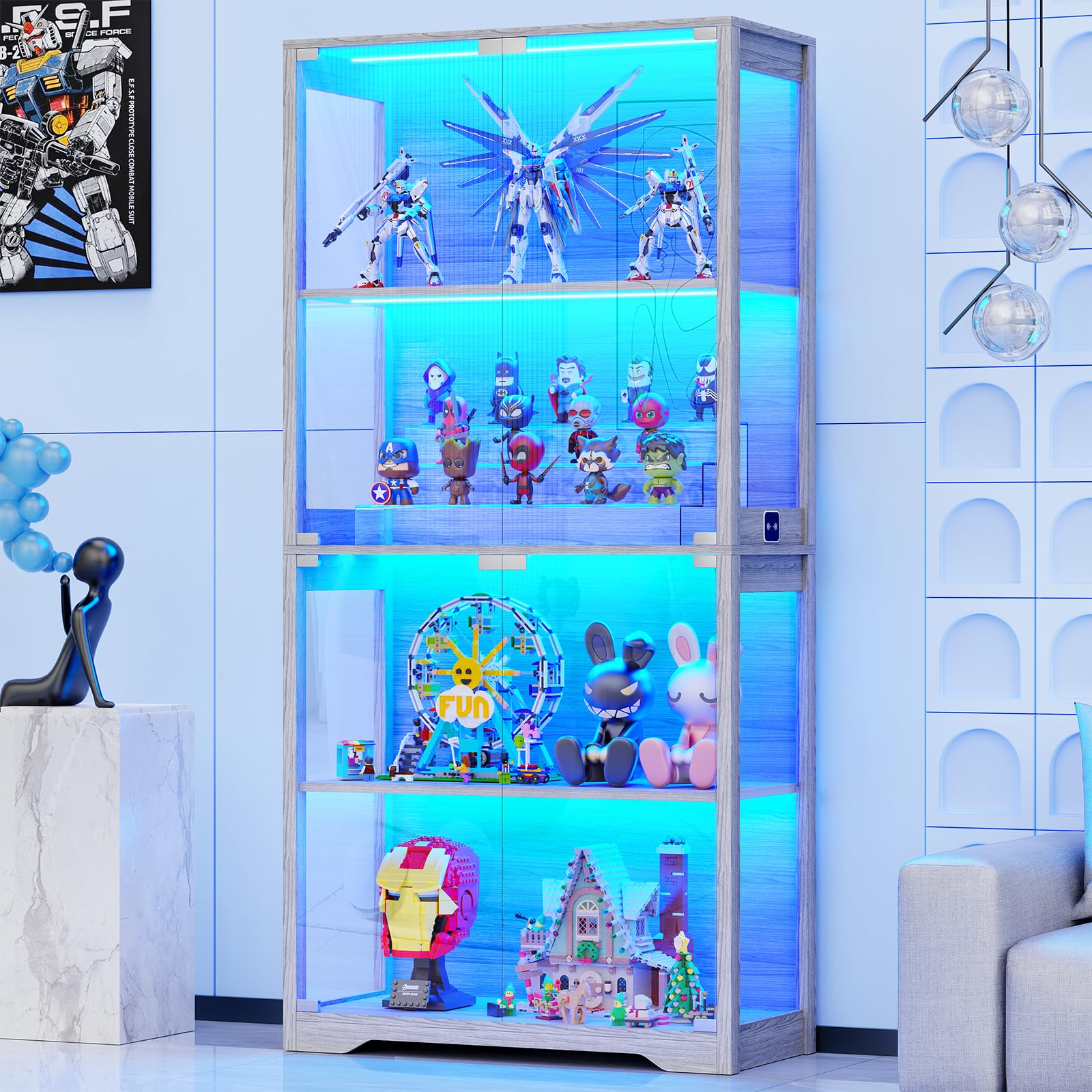 BROTTAR Display Cabinet with Glass Doors, 4-Tier Curio Cabinet with 3 Color Lights for Collectibles, Glass Display Case with Human Body Sensor, Bookcase with 4 Shelves, Storage Cabinets, Black
