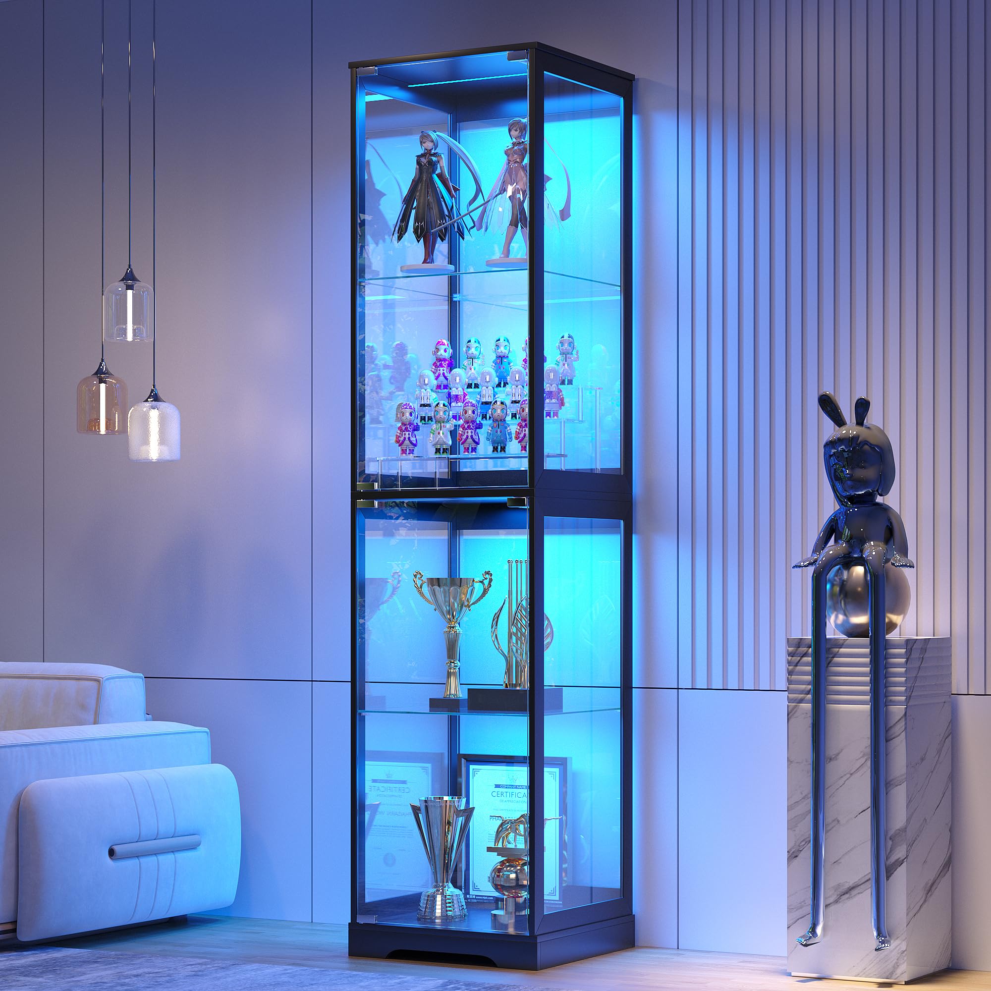 TAGELIER 67" Tall Display Cabinet with Glass Doors and 2 Drawers, Adjustable Glass Height Bookcase, Curio Cabinet with 3 LED Lights and Human Body Sensor (White)