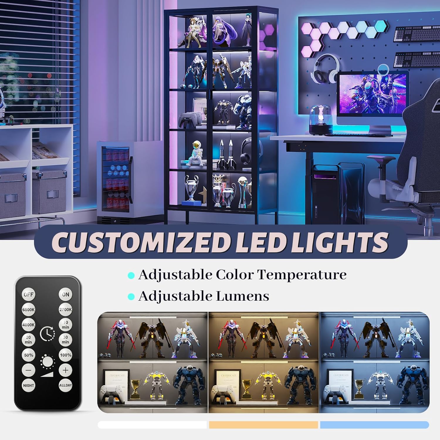 Eltean 71" H Display Cabinet with Glass Doors, 5 Tiers Curio Glass Display Cabinet with 3 Colors LED Sensor Light,Display Cabinets for Collectible with 4 Adjustable Shelves for Living Room,Bedroom