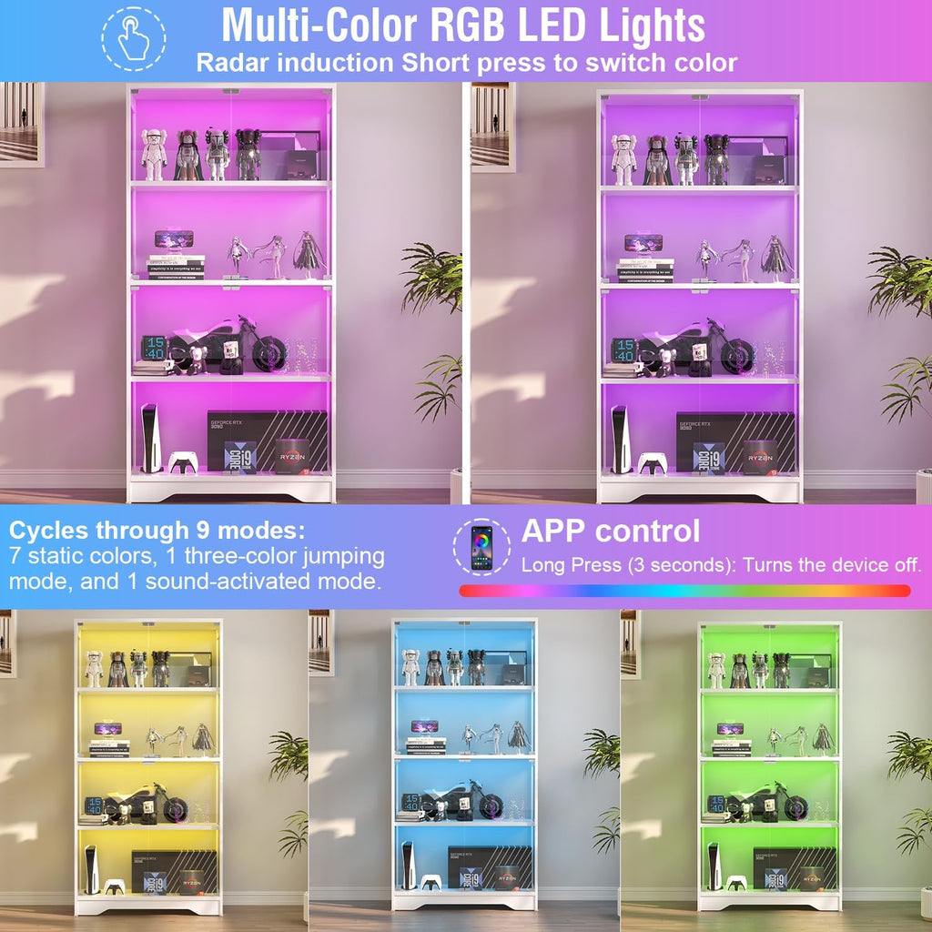 knoworld Display Cabinet with Glass Doors, 63" Tall Curio Cabinet with Human Sensor RGB LED Lights, 4-Tier Glass Display Case with 15mm Thick Shelves for Action Figures, Collectibles, Books - White
