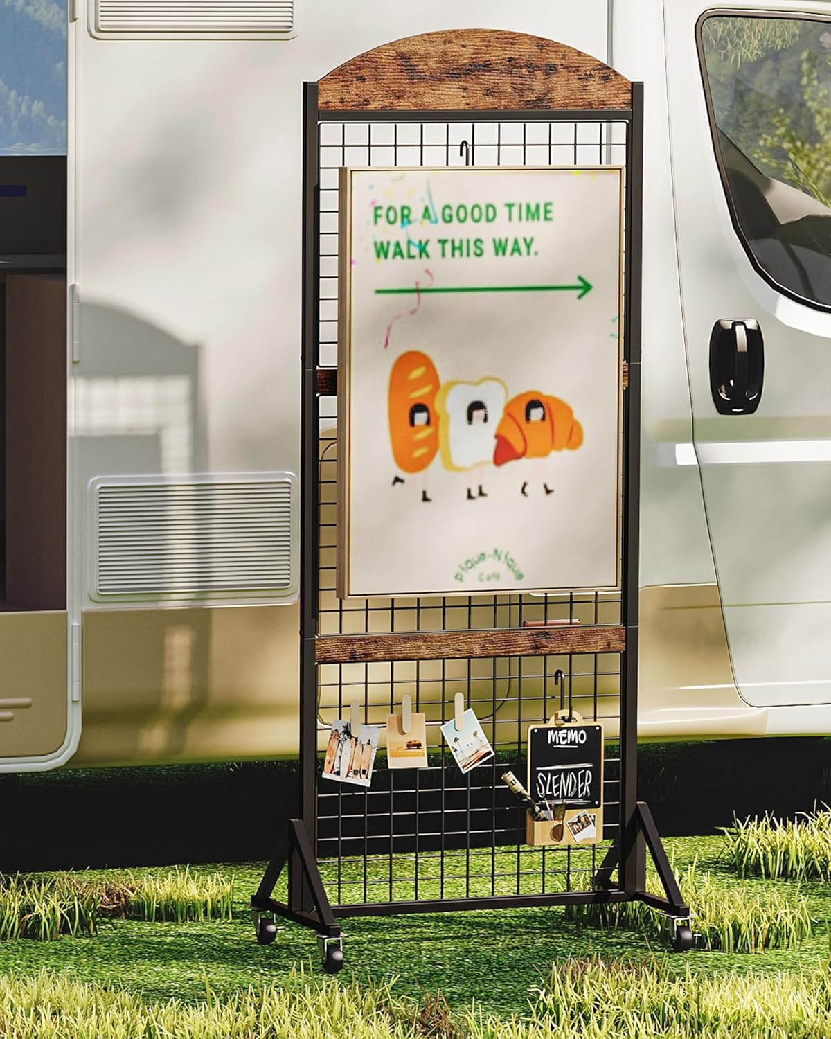 CHOEZON Grid Wall Panel 5.7’ x 2’ FT Grid Display Rack, Movable Gridwall Display Stand with Wheels,Floorstanding Wire Grid Rack with 4 S-Shaped Hooks and 4 Garment Hooks Rustic Brown and Black TCJ17BF