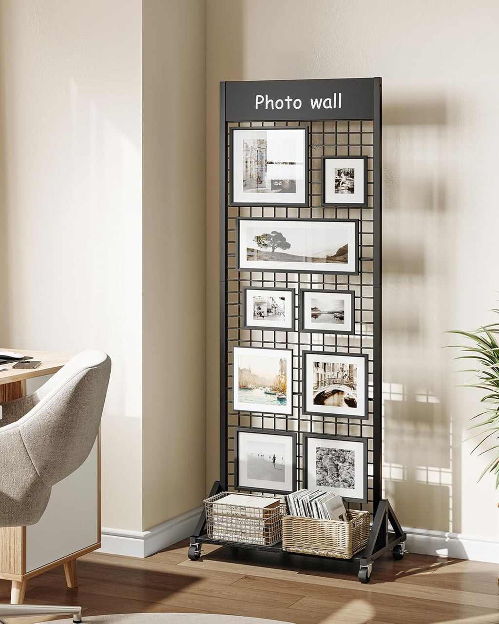 CHOEZON Grid Wall Panel, 2’ x 5.7’ Ft Floor Standing Gridwall Display Rack, Retail Display Stand, with 4 S-Shaped Hooks and 4 Garment Hooks, for Entryway, Study, Kitchen, Outdoors, Black TCJ27BB
