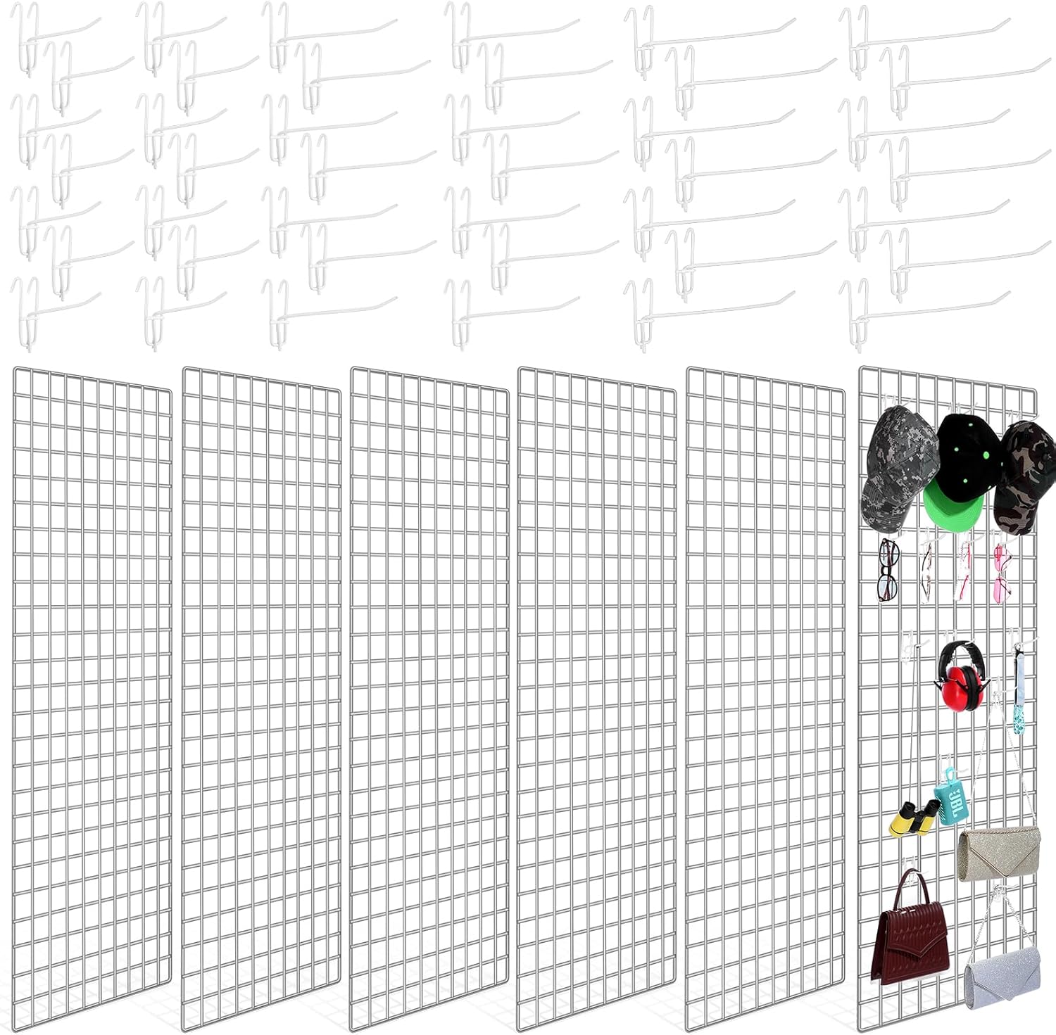 Hicarer 6 Pcs Commercial Grade Gridwall Panels for Display, Heavy Duty Wire Grid Wall Display Rack Metal Wall Mount Grid with 60 White Hooks for Retail Display Home Storage Vendor Events(2 x 5 ft)