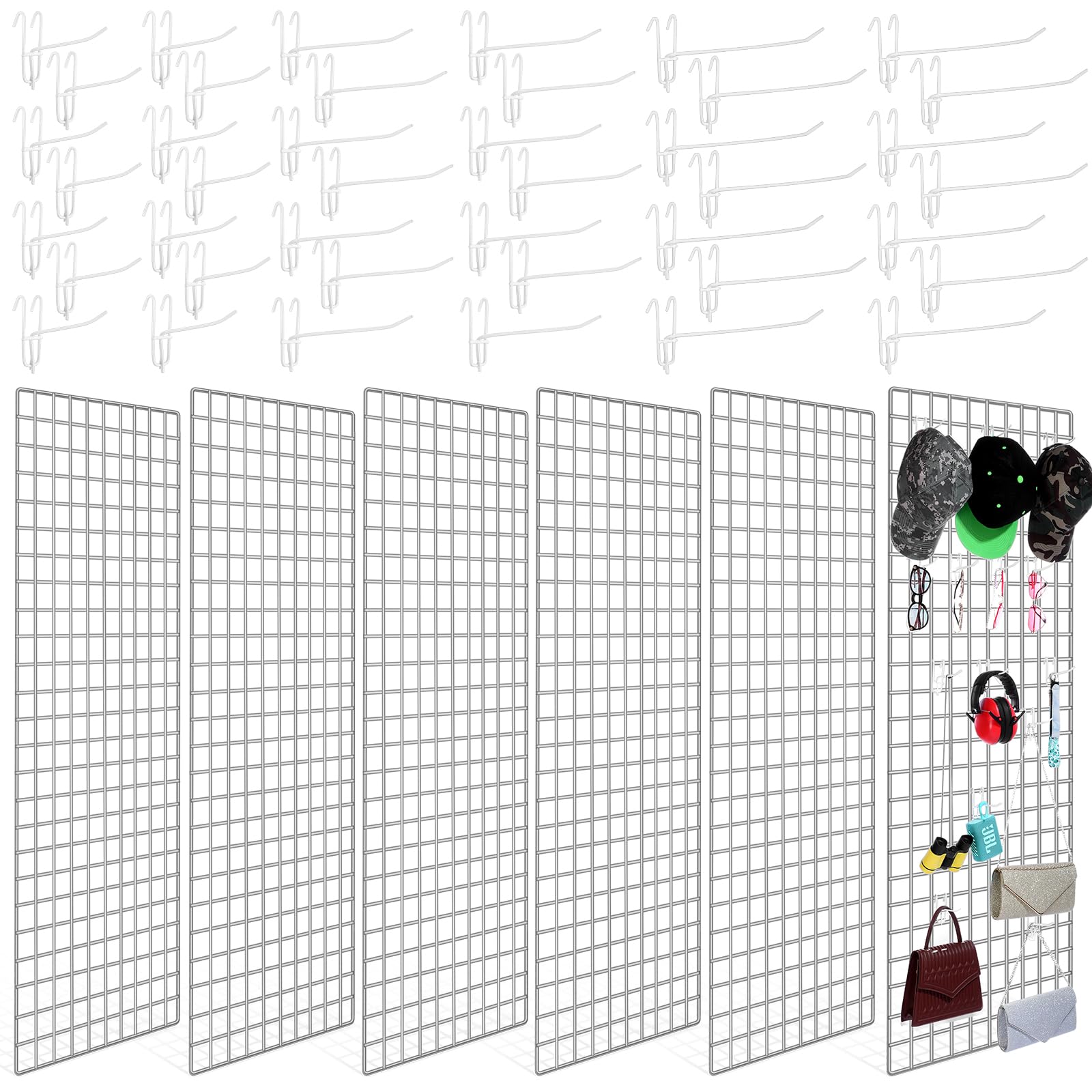 Hicarer 6 Pcs Commercial Grade Gridwall Panels for Display, Heavy Duty Wire Grid Wall Display Rack Metal Wall Mount Grid with 60 White Hooks for Retail Display Home Storage Vendor Events(2 x 5 ft)