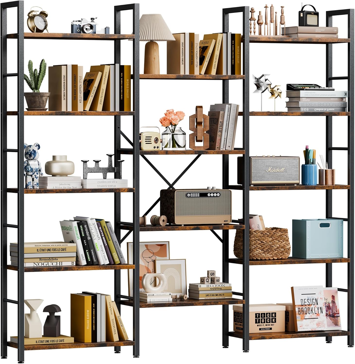 Shintenchi Triple Column 5 Tier Bookshelf, Industrial Large Bookcase Display Shelves, Large Etagere Bookshelf,Wide Book Shelf Book Case for Home & Office, Rustic Brown