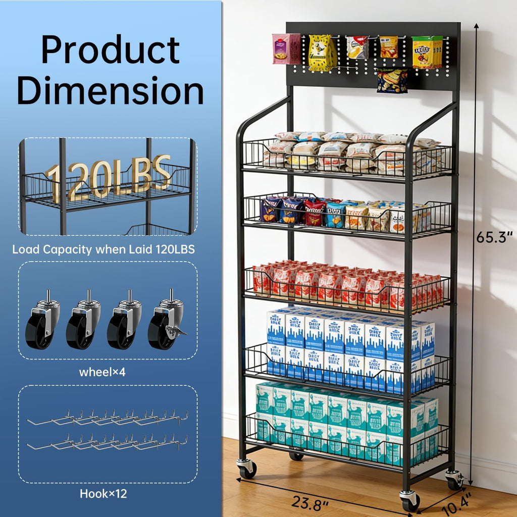5 Tier Retail Display Rack, Snack Organizer Stand with Wheels & Hooks, Candy Potato Chip Metal Wire Display Shelf Cart for Supermarket and Home Kitchen, Black (65.3 * 23.8 * 10.4)