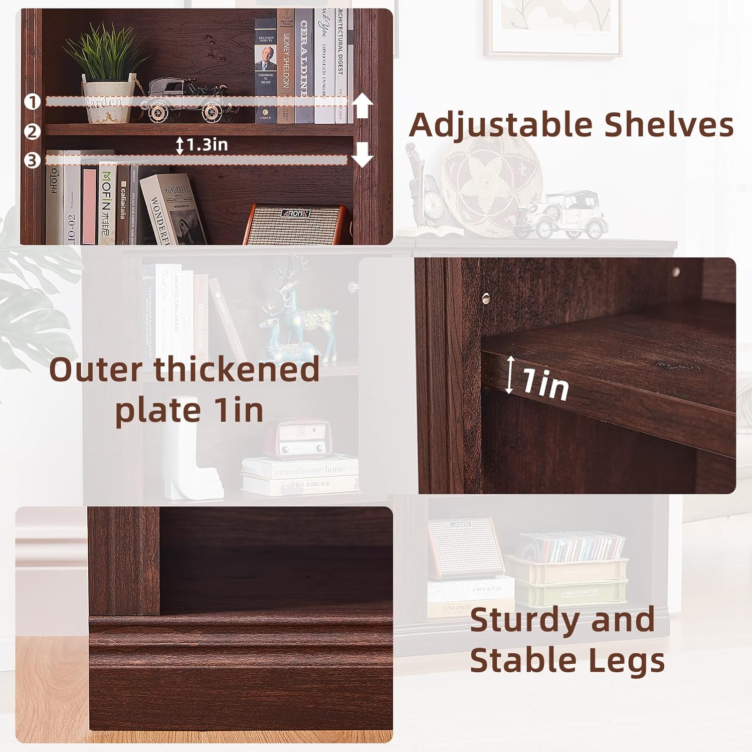 RWYHG 43" Walnut Tall Bookshelf,3-Tier Thick Wooden Book Shelf with Adjustable Shelves,Free Standing Farmhouse Bookcase with Open Display Storage,Floor Vintage Bookshelves for Living Room,Office