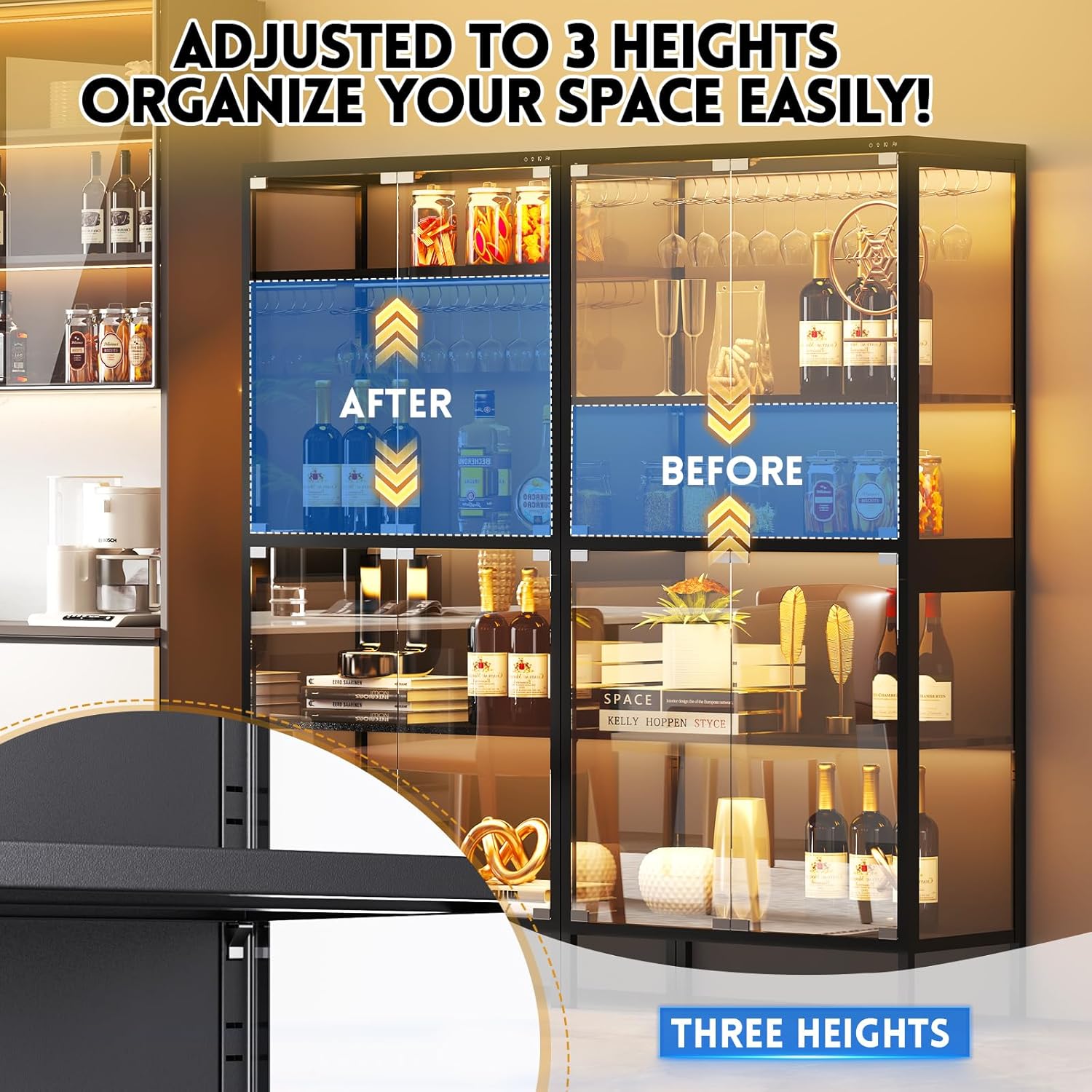 Display Cabinet with Glass Doors, 4-Tier Curio Cabinet with 5 Color Lights for Collectibles, Display Case with Human Body Sensor and Adjustable Shelves for Living Room, Black (32" W x 16" D x 65" H)