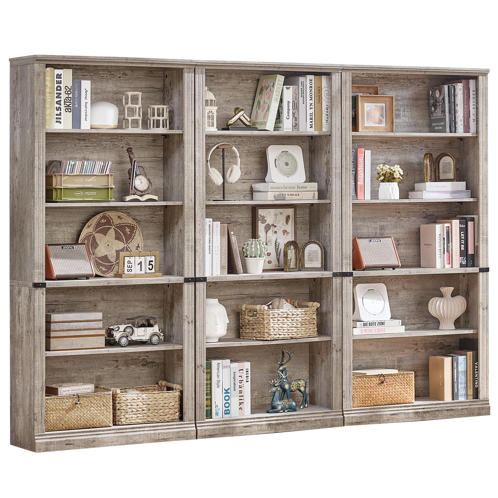 RWYHG 43" Walnut Tall Bookshelf,3-Tier Thick Wooden Book Shelf with Adjustable Shelves,Free Standing Farmhouse Bookcase with Open Display Storage,Floor Vintage Bookshelves for Living Room,Office