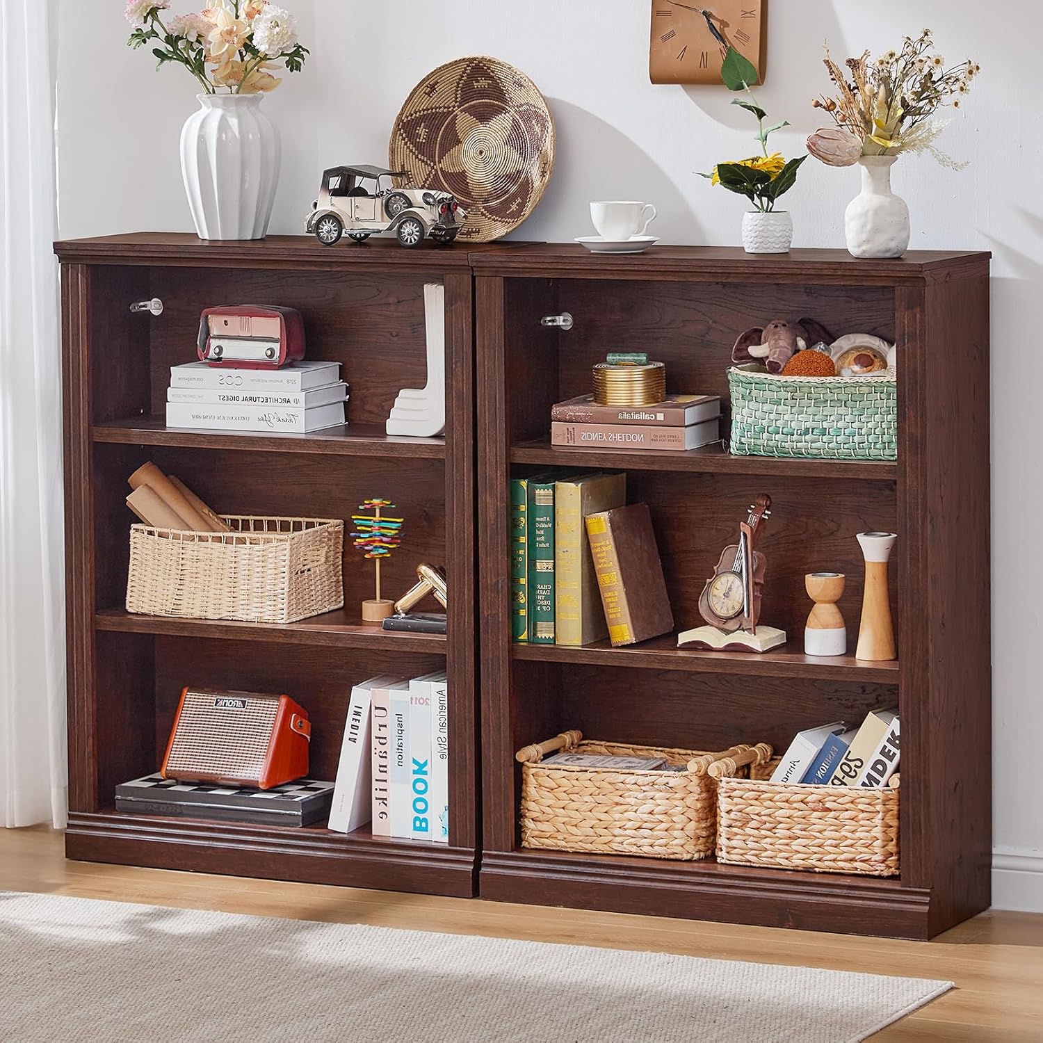 RWYHG 43" Walnut Tall Bookshelf,3-Tier Thick Wooden Book Shelf with Adjustable Shelves,Free Standing Farmhouse Bookcase with Open Display Storage,Floor Vintage Bookshelves for Living Room,Office