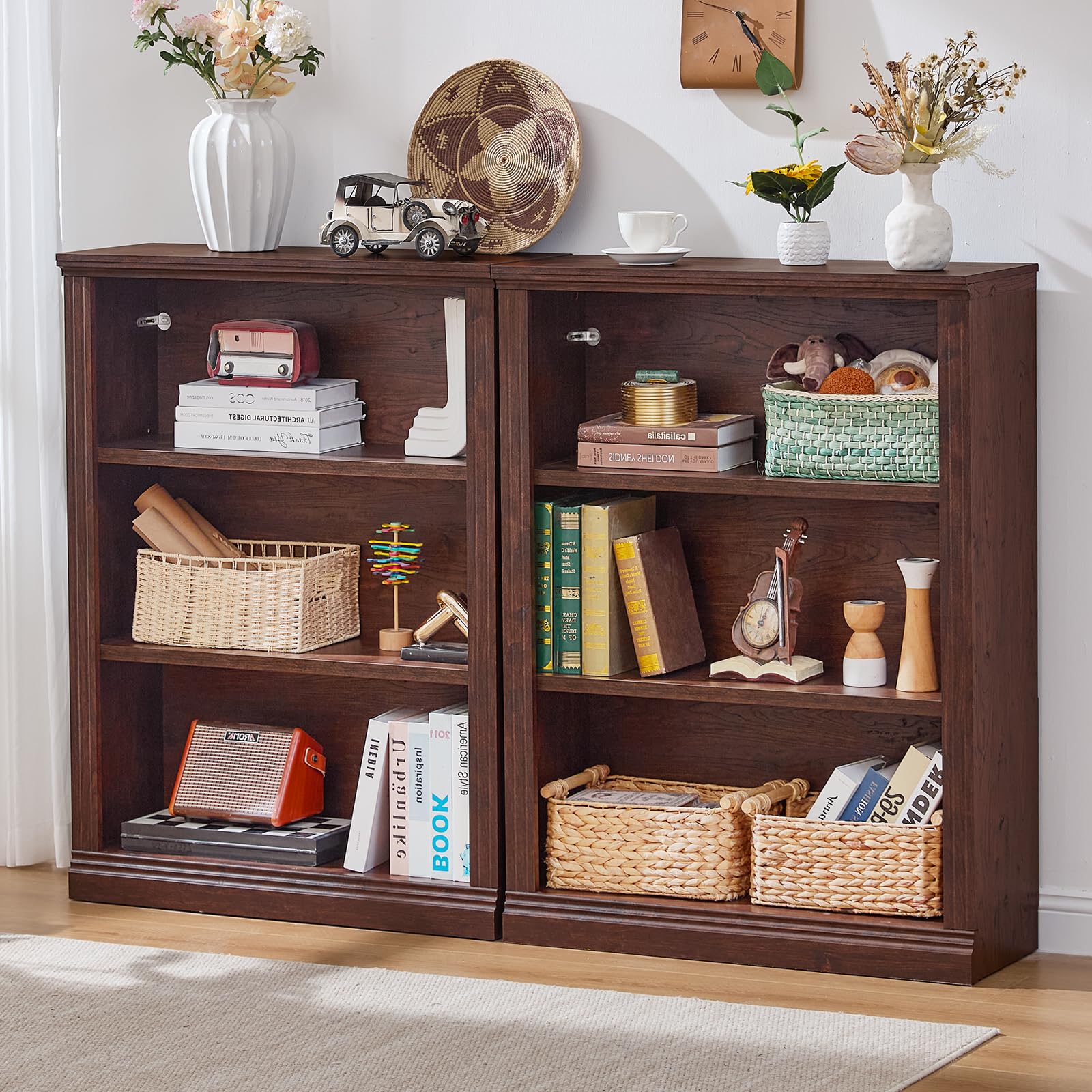 RWYHG 43" Walnut Tall Bookshelf,3-Tier Thick Wooden Book Shelf with Adjustable Shelves,Free Standing Farmhouse Bookcase with Open Display Storage,Floor Vintage Bookshelves for Living Room,Office