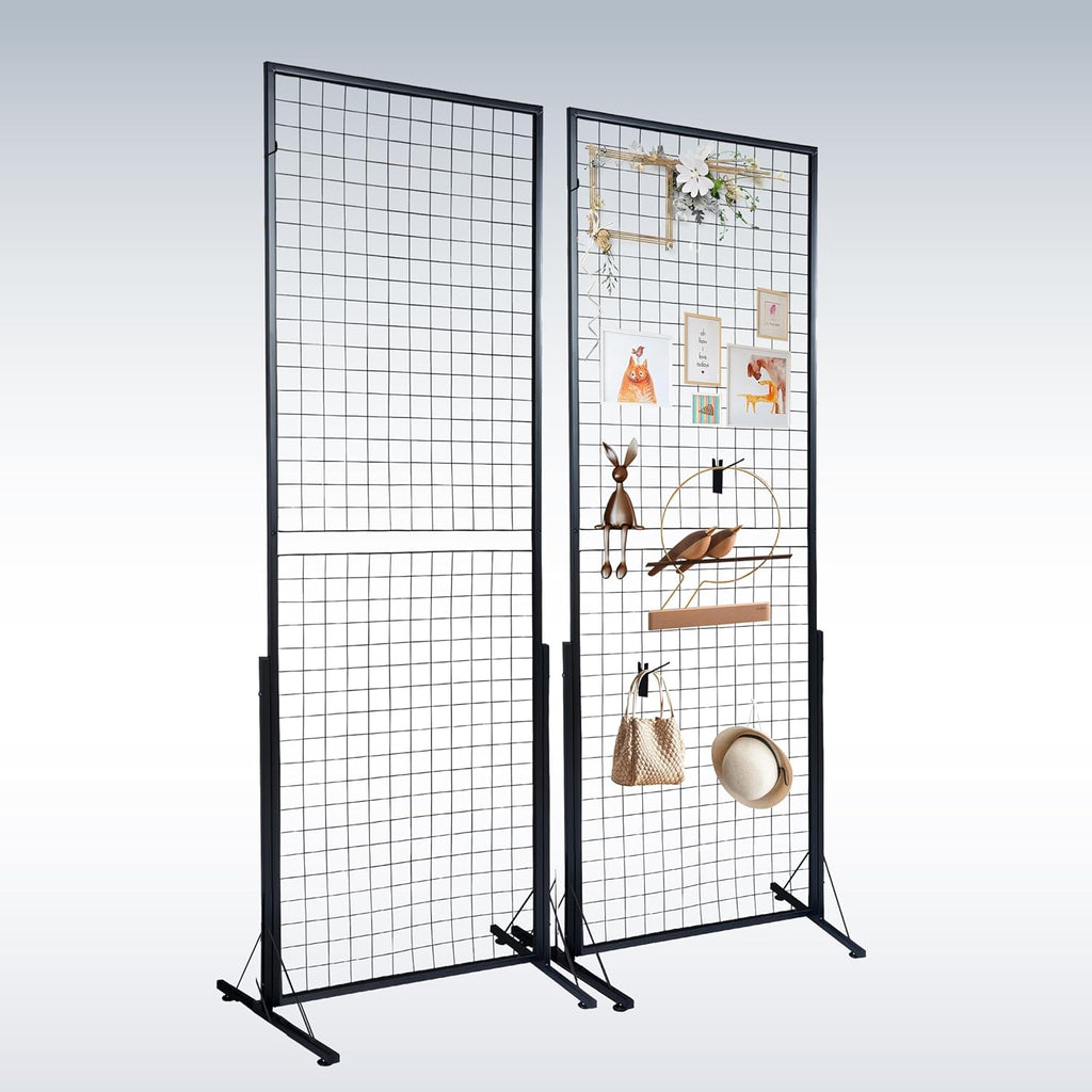 2-Pack 24x68 Inch Black Steel Grid Wall Display Stand, Floor Standing Retail Display Rack with Base for Store, Trade Show, Art Craft Show Merchandise Presentation