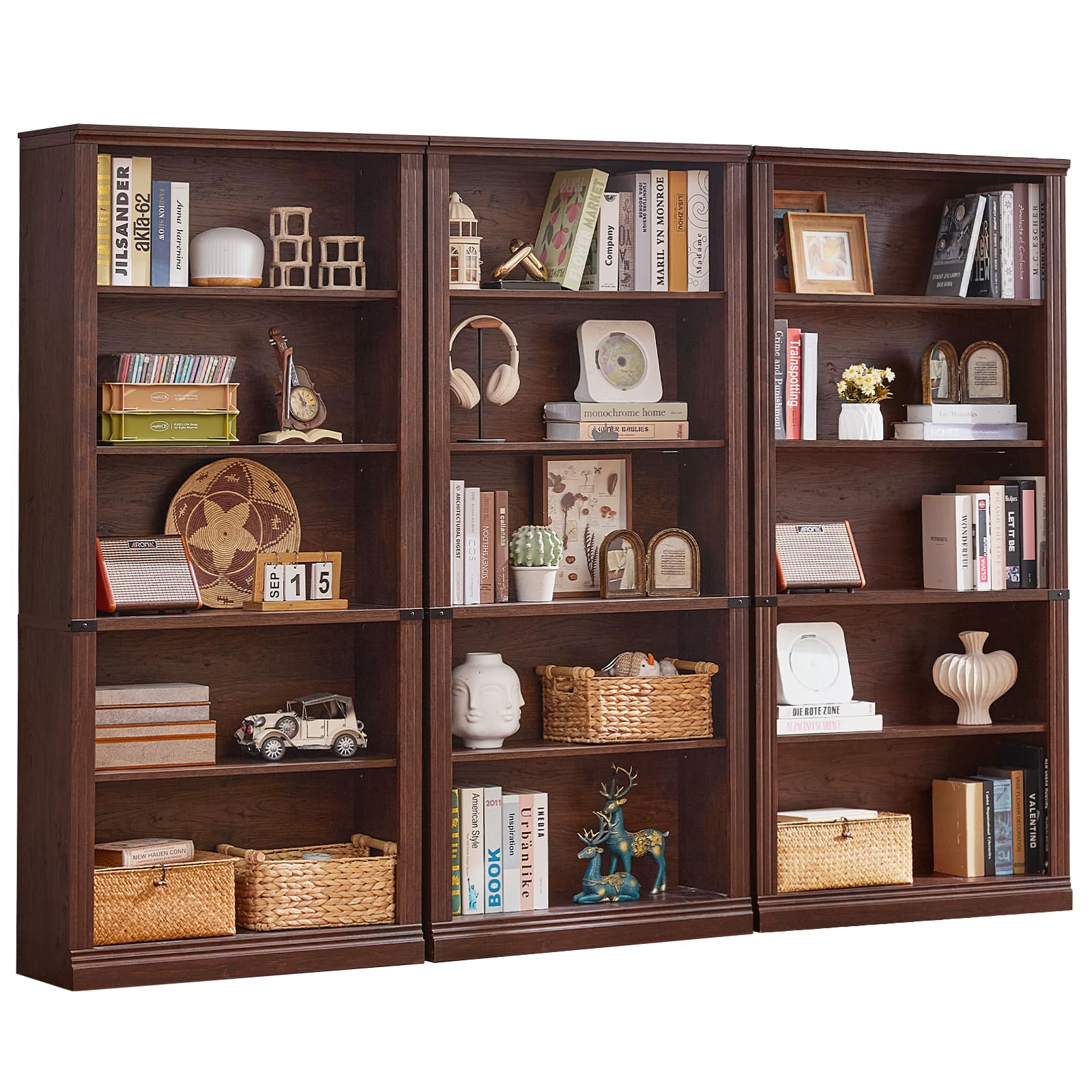 RWYHG 43" Walnut Tall Bookshelf,3-Tier Thick Wooden Book Shelf with Adjustable Shelves,Free Standing Farmhouse Bookcase with Open Display Storage,Floor Vintage Bookshelves for Living Room,Office