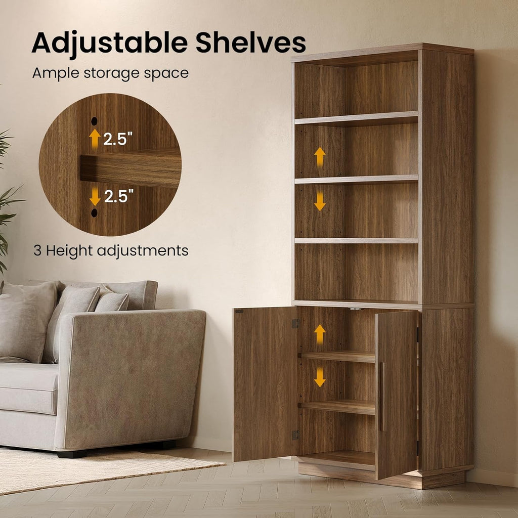 ModernMate 70'' Tall Bookcase with Doors, 7-Tier Bookshelf with Cabinet & Adjustable Shelves, Wooden Floor Standing Display Bookshelves with Storage Cabinet for Living Room, Home Office, Walnut