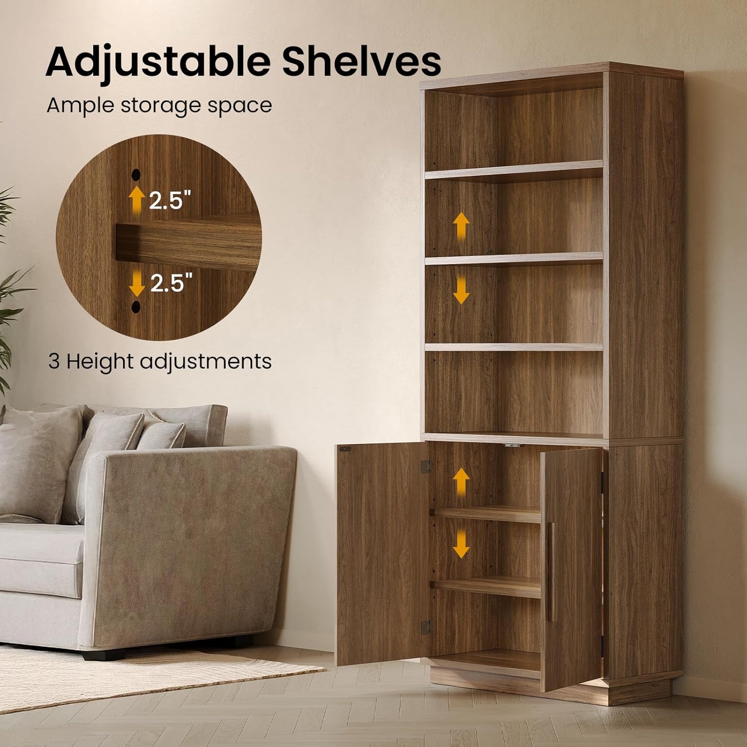 ModernMate 70'' Tall Bookcase with Doors, 7-Tier Bookshelf with Cabinet & Adjustable Shelves, Wooden Floor Standing Display Bookshelves with Storage Cabinet for Living Room, Home Office, Walnut