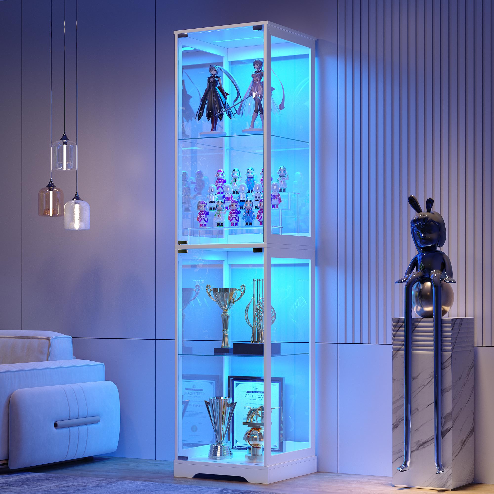TAGELIER 67" Tall Display Cabinet with Glass Doors and 2 Drawers, Adjustable Glass Height Bookcase, Curio Cabinet with 3 LED Lights and Human Body Sensor (White)