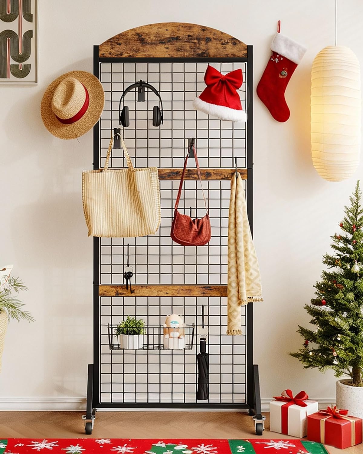 CHOEZON Grid Wall Panel 5.7’ x 2’ FT Grid Display Rack, Movable Gridwall Display Stand with Wheels,Floorstanding Wire Grid Rack with 4 S-Shaped Hooks and 4 Garment Hooks Rustic Brown and Black TCJ17BF
