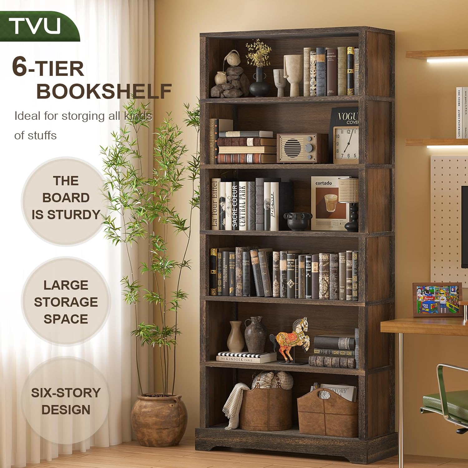 TVU 6-Tier Wooden Book Shelf, Floor-Standing Display Bookcase, 77.2" H x 31.5" W x 11" D Bookshelf, Farmhouse Style Book Case with Arched Base, Suitable for Living Room, Study, Office, Walnut