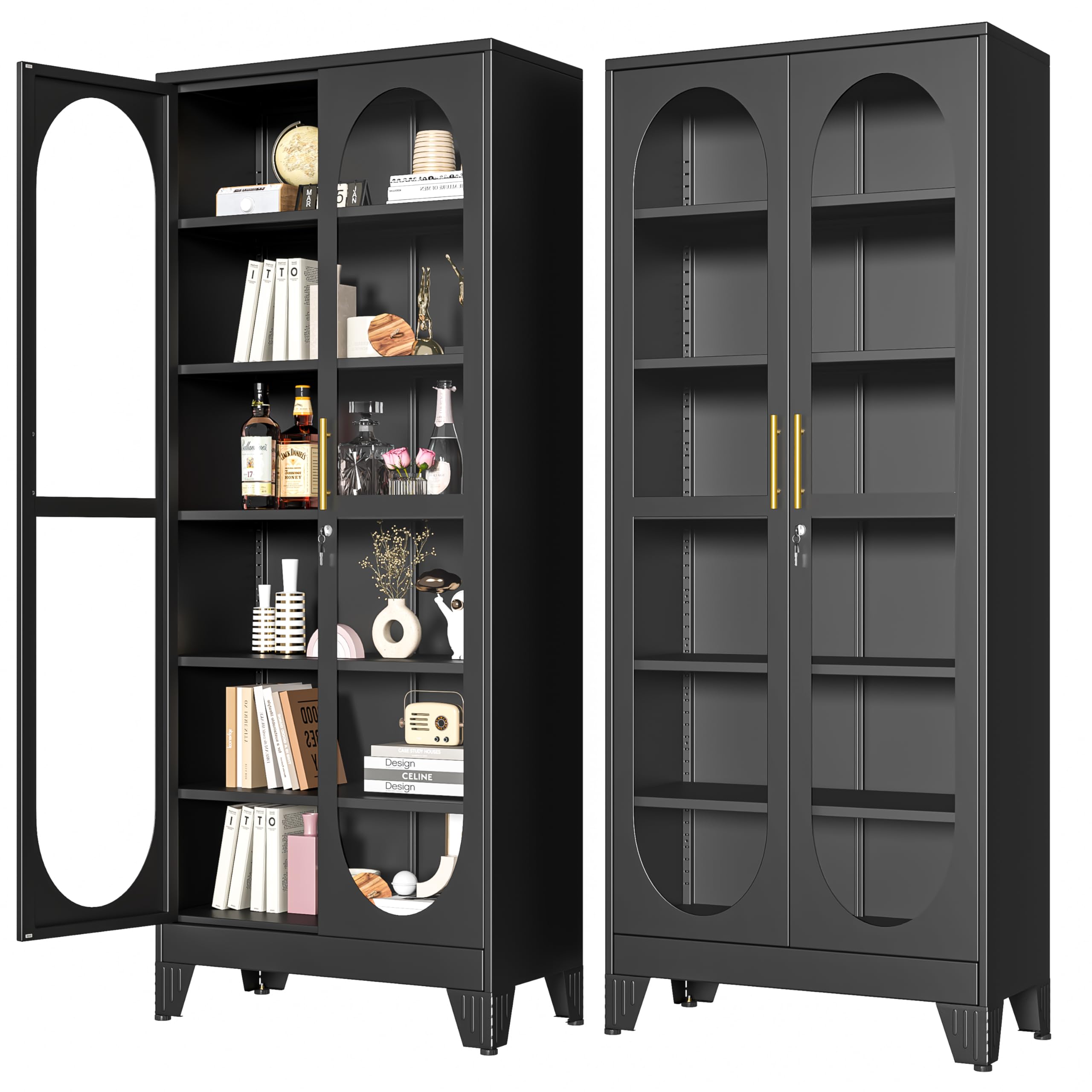 PAOFIN 71" H Locking Display Cabinet with Glass Door, Metal Curio Cabinets with 4 Adjustable Shelves, Tall Liquor Cabinet Display Case for Living Room, Collectibles, Home - Assembly Required Black