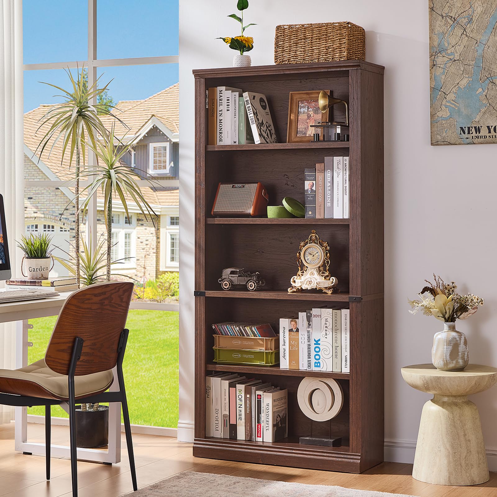 RWYHG 43" Walnut Tall Bookshelf,3-Tier Thick Wooden Book Shelf with Adjustable Shelves,Free Standing Farmhouse Bookcase with Open Display Storage,Floor Vintage Bookshelves for Living Room,Office