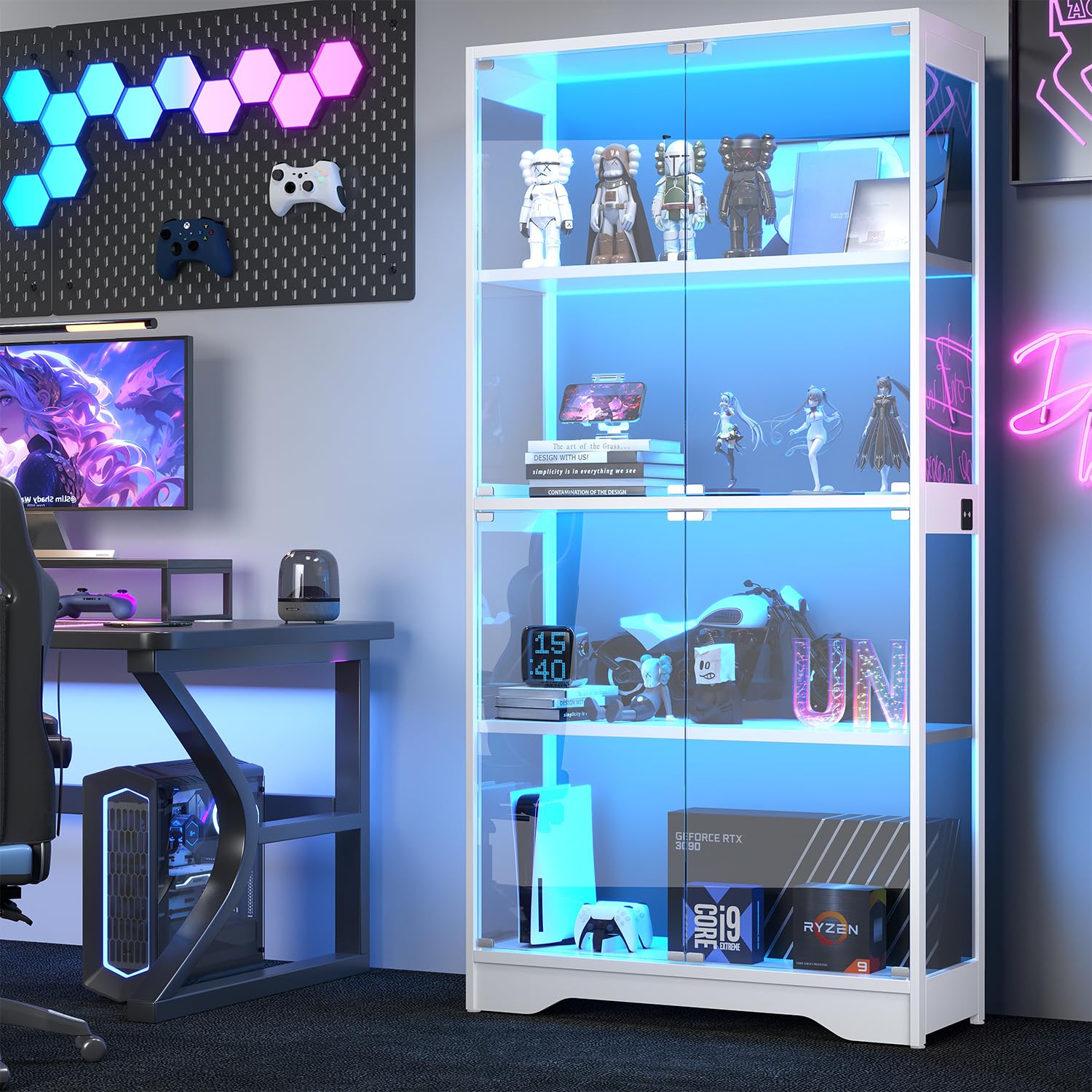 knoworld Display Cabinet with Glass Doors, 63" Tall Curio Cabinet with Human Sensor RGB LED Lights, 4-Tier Glass Display Case with 15mm Thick Shelves for Action Figures, Collectibles, Books - White