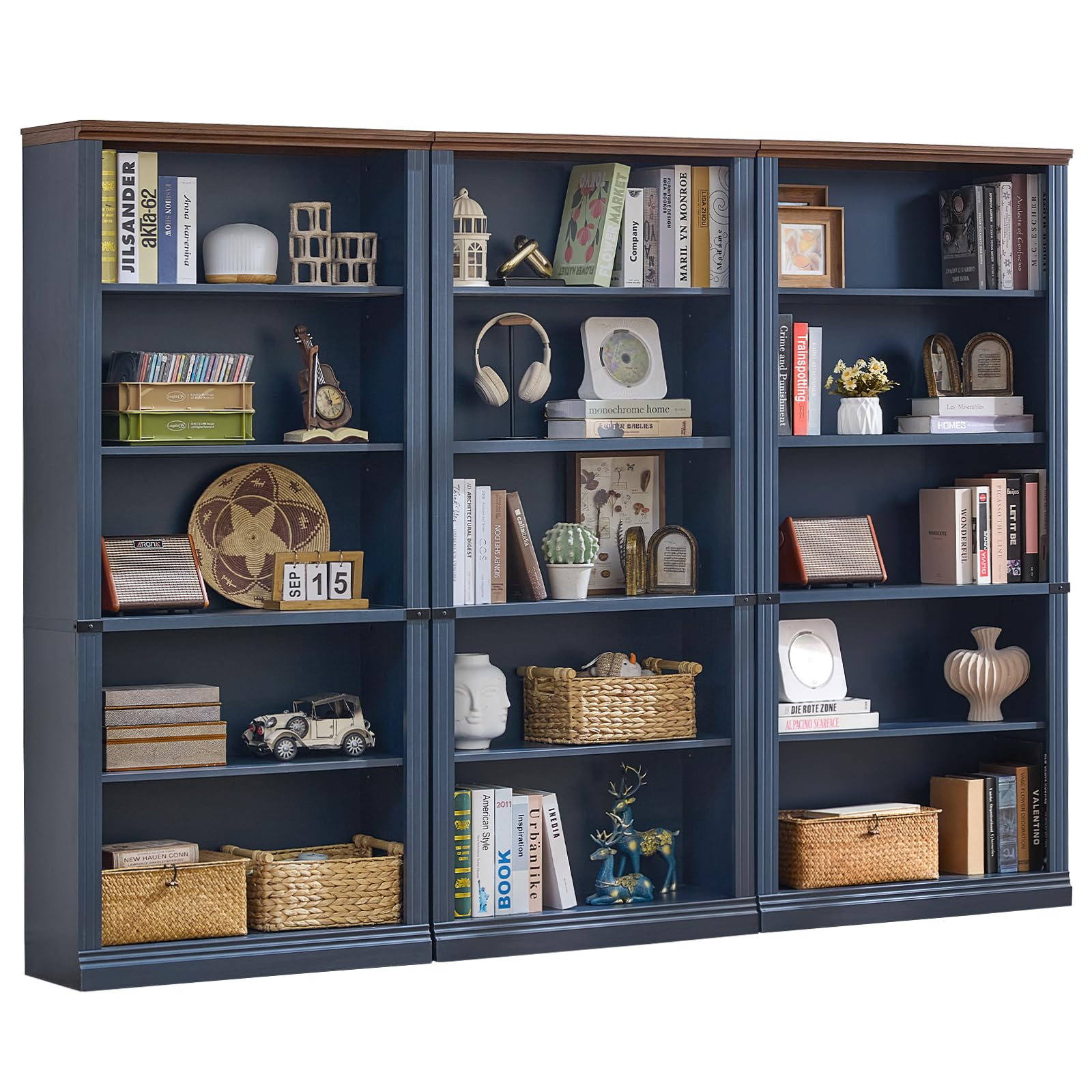 RWYHG 43" Walnut Tall Bookshelf,3-Tier Thick Wooden Book Shelf with Adjustable Shelves,Free Standing Farmhouse Bookcase with Open Display Storage,Floor Vintage Bookshelves for Living Room,Office