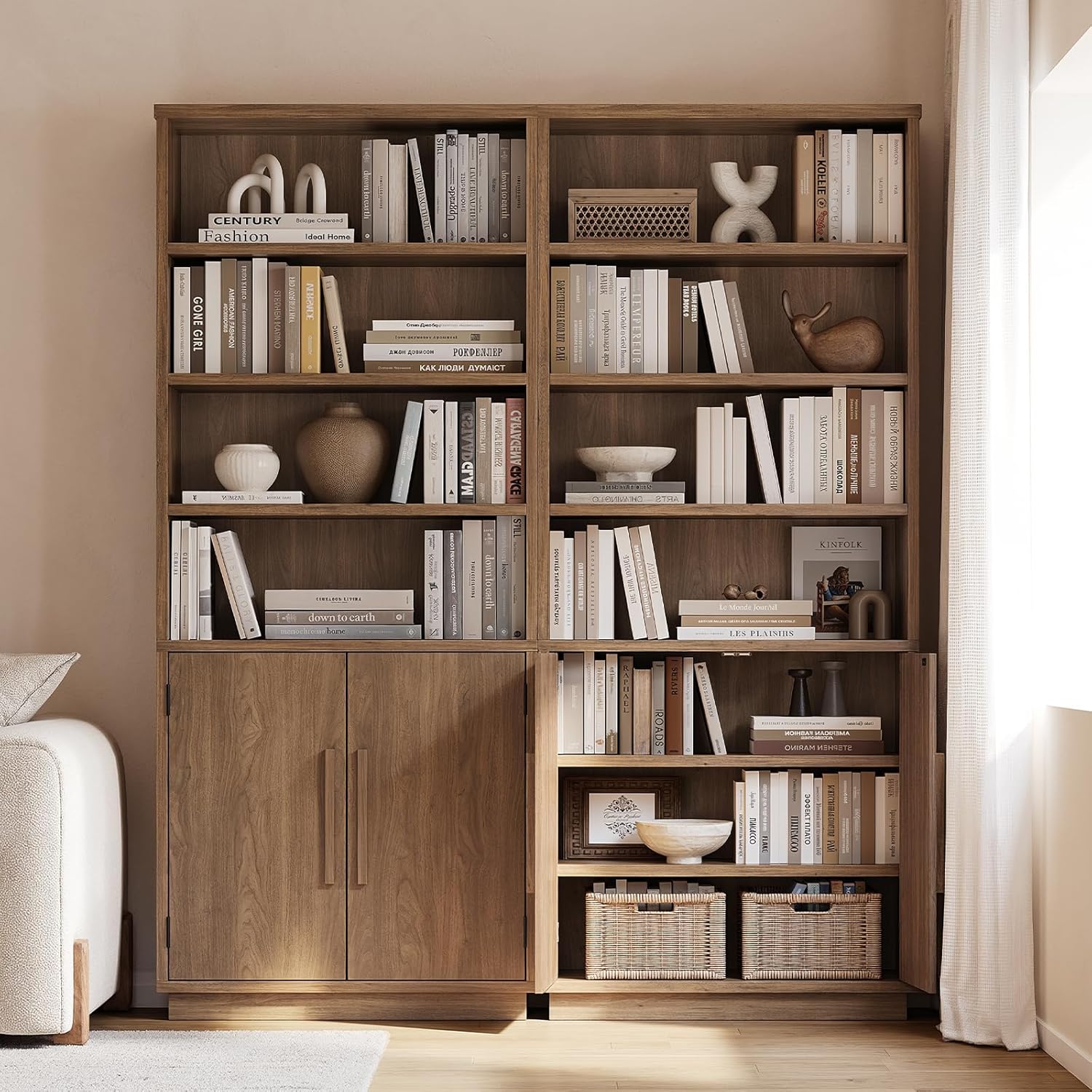ModernMate 70'' Tall Bookcase with Doors, 7-Tier Bookshelf with Cabinet & Adjustable Shelves, Wooden Floor Standing Display Bookshelves with Storage Cabinet for Living Room, Home Office, Walnut