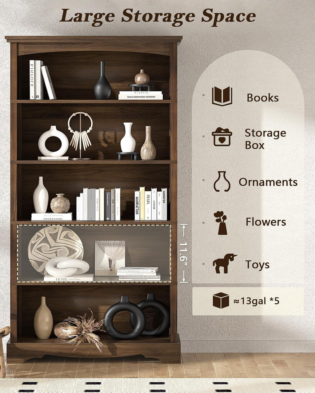 TVU 5-Tier Wooden Bookshelf, 65 Inch Tall Bookshelf with Storage, Floor Standing Modern Style Display Bookcase for Living Room, Office, Study Room, Entryway, Brown