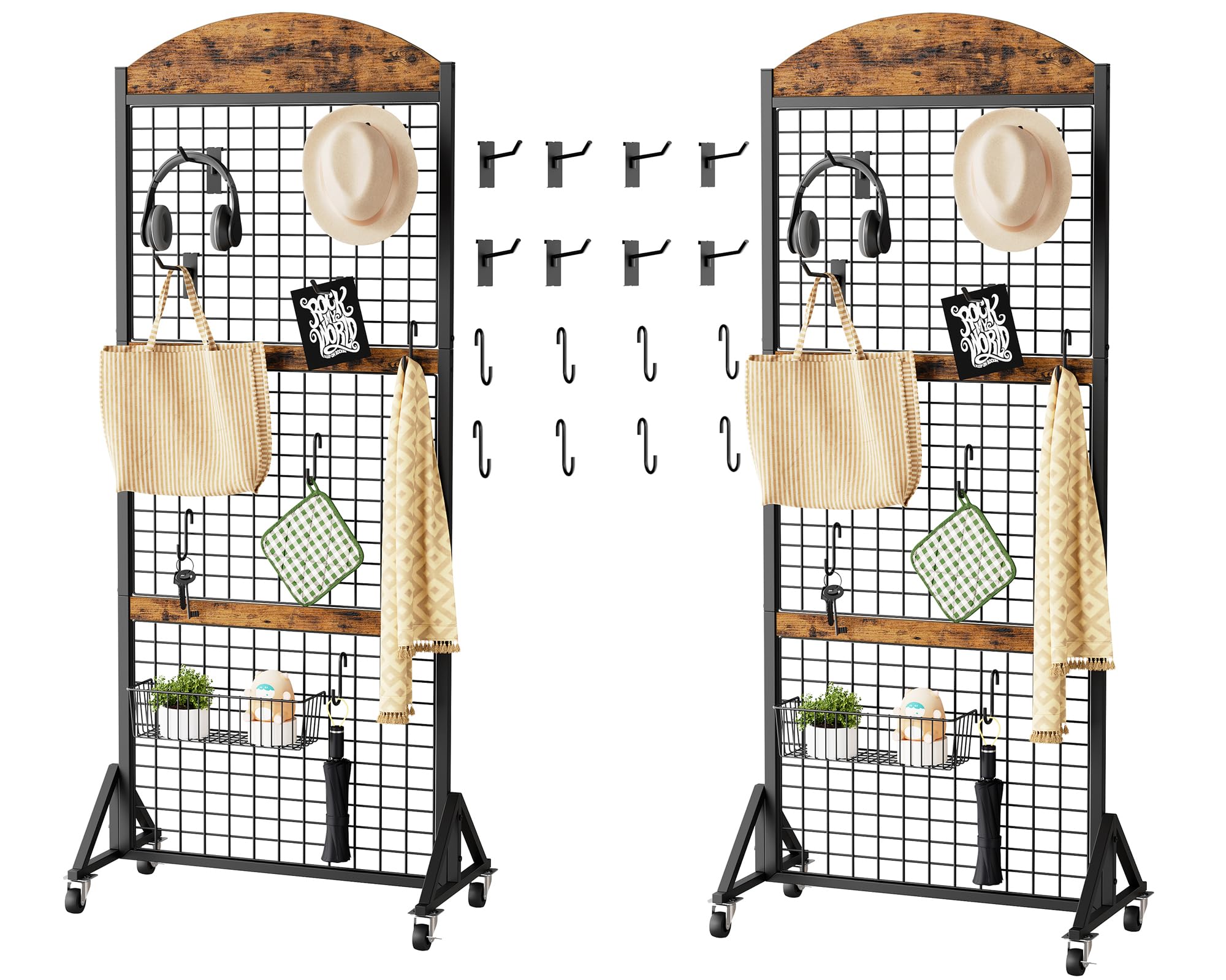 CHOEZON Grid Wall Panel 5.7’ x 2’ FT Grid Display Rack, Movable Gridwall Display Stand with Wheels,Floorstanding Wire Grid Rack with 4 S-Shaped Hooks and 4 Garment Hooks Rustic Brown and Black TCJ17BF