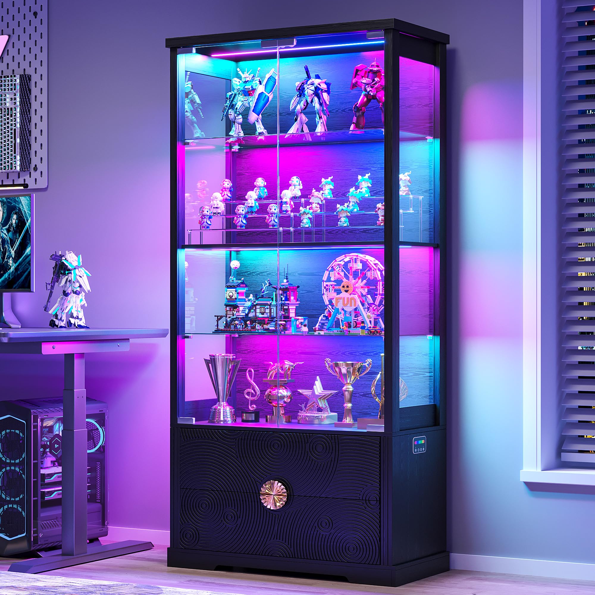 TAGELIER 67" Tall Display Cabinet with Glass Doors and 2 Drawers, Adjustable Glass Height Bookcase, Curio Cabinet with 3 LED Lights and Human Body Sensor (White)