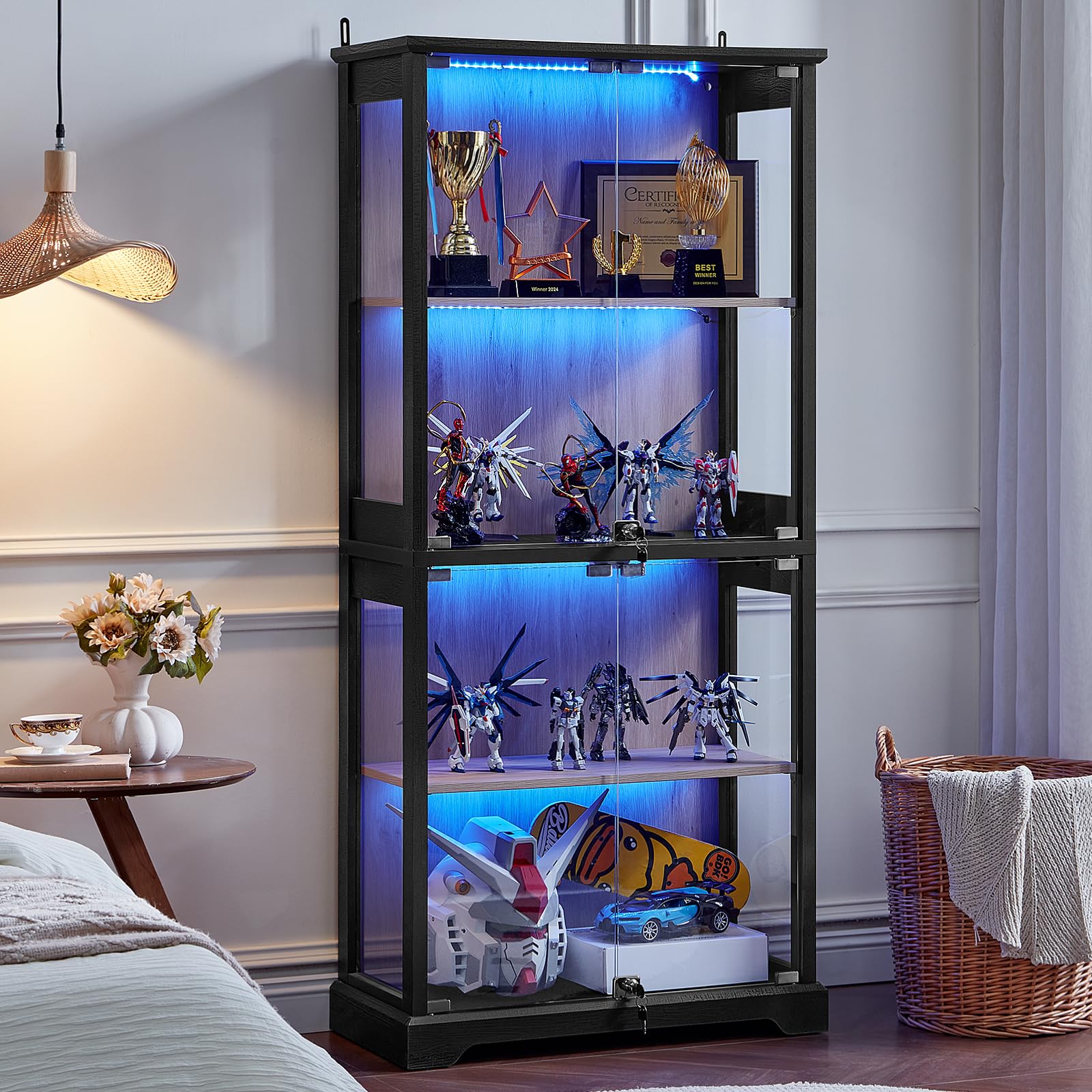 LELELINKY Farmhouse Display Cabinet with Glass Doors, Curio Cabinet with 3-Color LED Motion-Sensor Light for Living Room, Office, Dining Room, Walnut