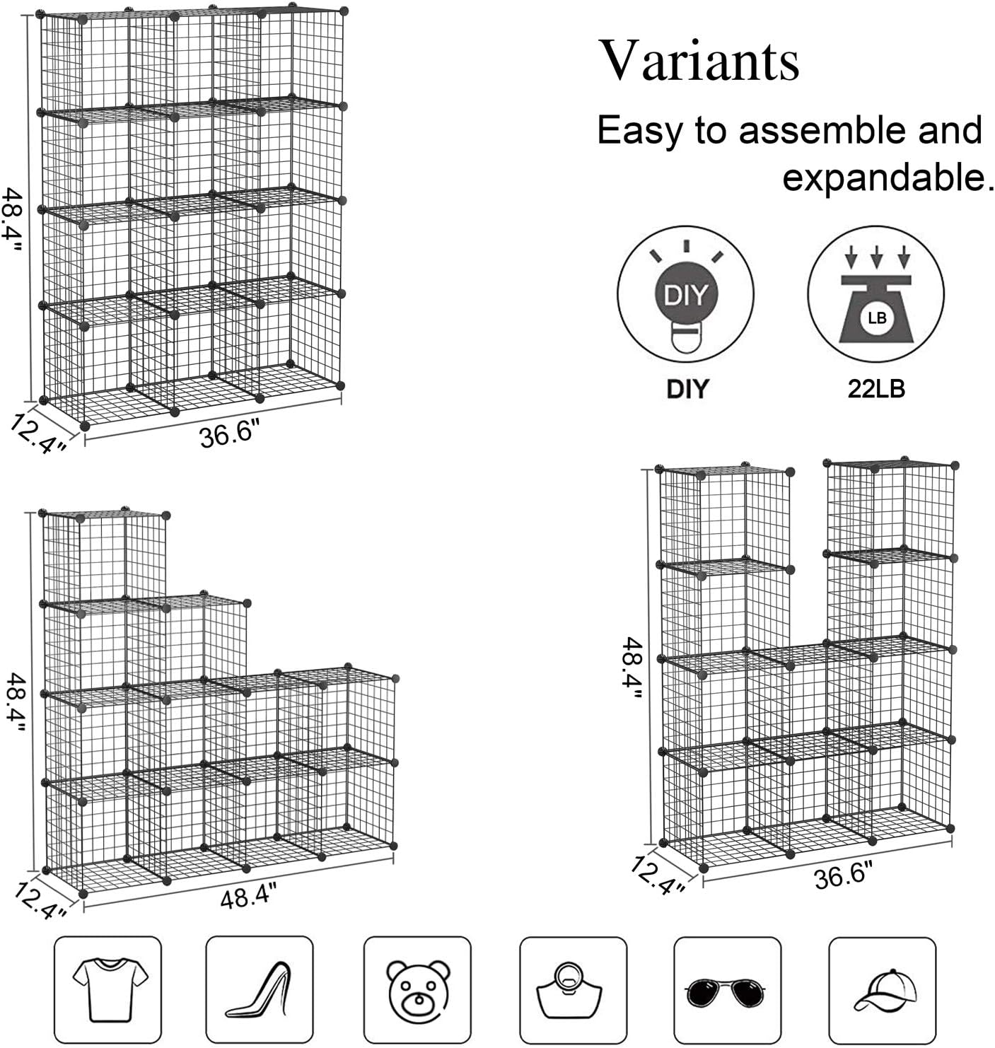 C&AHOME Wire Cube Storage, 12-Cube Storage Organizer Metal, C Grids Storage Bins Shelving, Modular Bookshelf Shelf, Closet Cabinet Ideal for Bedroom, Office 36.6”L x 12.4”W 48.4”H Black