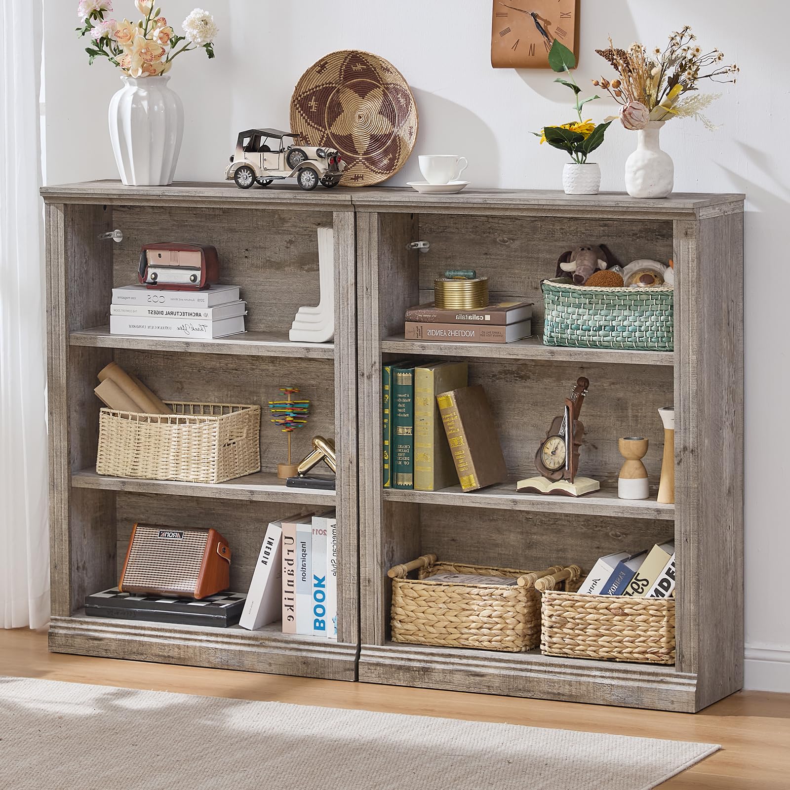 RWYHG 43" Walnut Tall Bookshelf,3-Tier Thick Wooden Book Shelf with Adjustable Shelves,Free Standing Farmhouse Bookcase with Open Display Storage,Floor Vintage Bookshelves for Living Room,Office