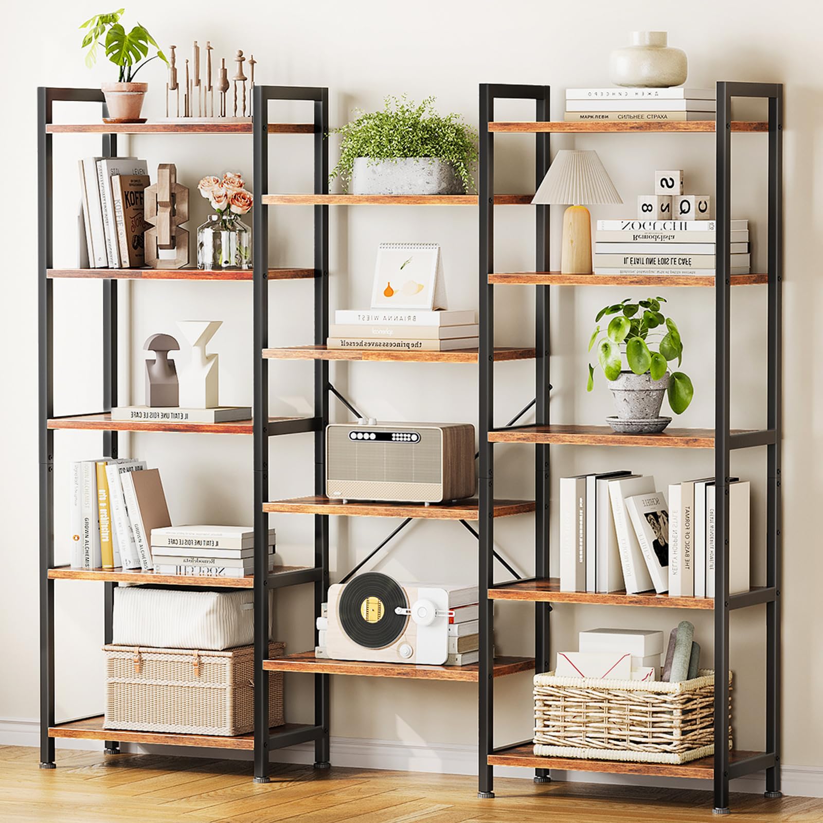 Casaottima Triple 4 Tier Bookshelf, Large Bookcase with 11 Open Display Shelves, Modern Industrial Book Shelves Book Case for Bedroom, Wide Standing Shelving Unit for Living Room Home Office, Vintage