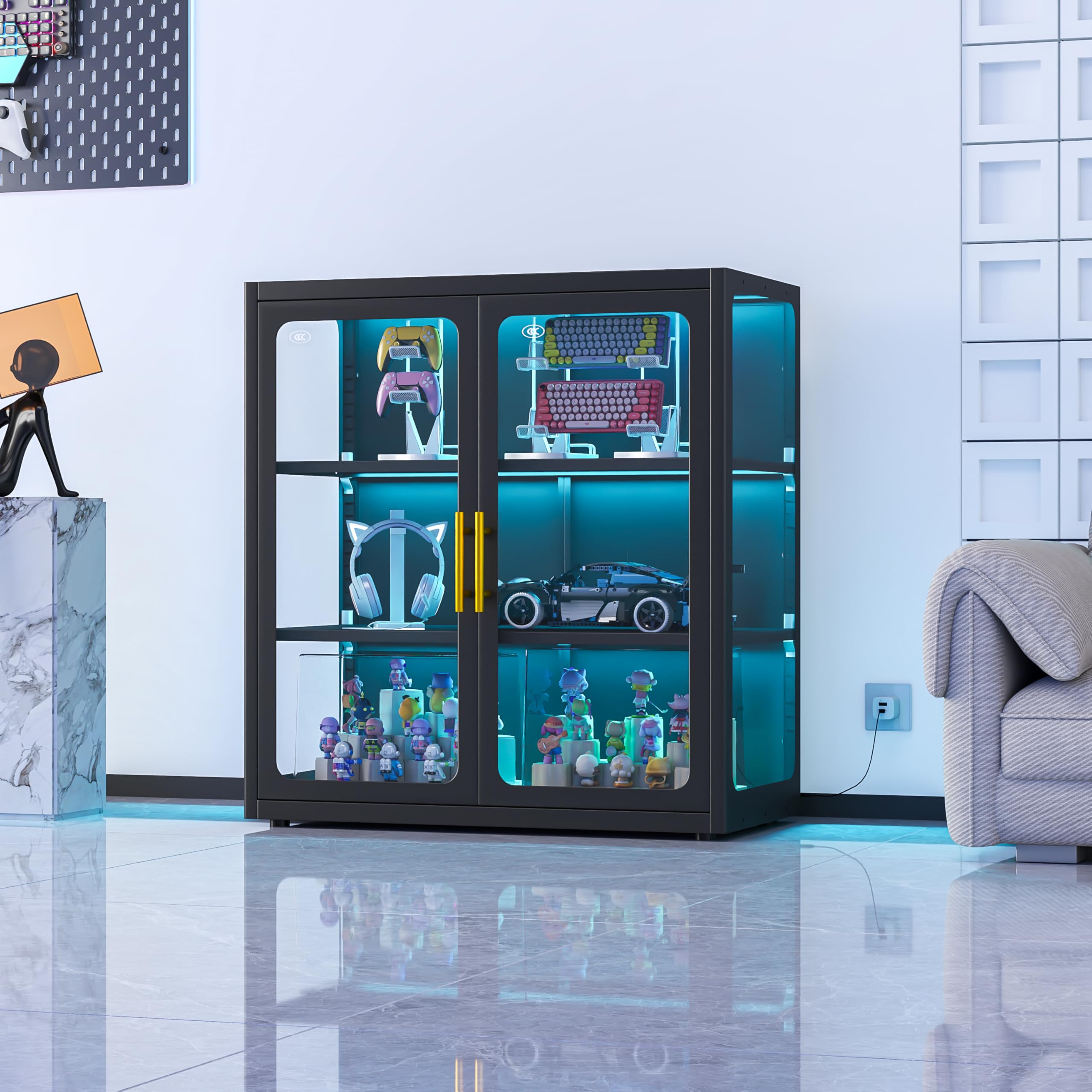 PAOFIN 71" H Locking Display Cabinet with Glass Door, Metal Curio Cabinets with 4 Adjustable Shelves, Tall Liquor Cabinet Display Case for Living Room, Collectibles, Home - Assembly Required Black