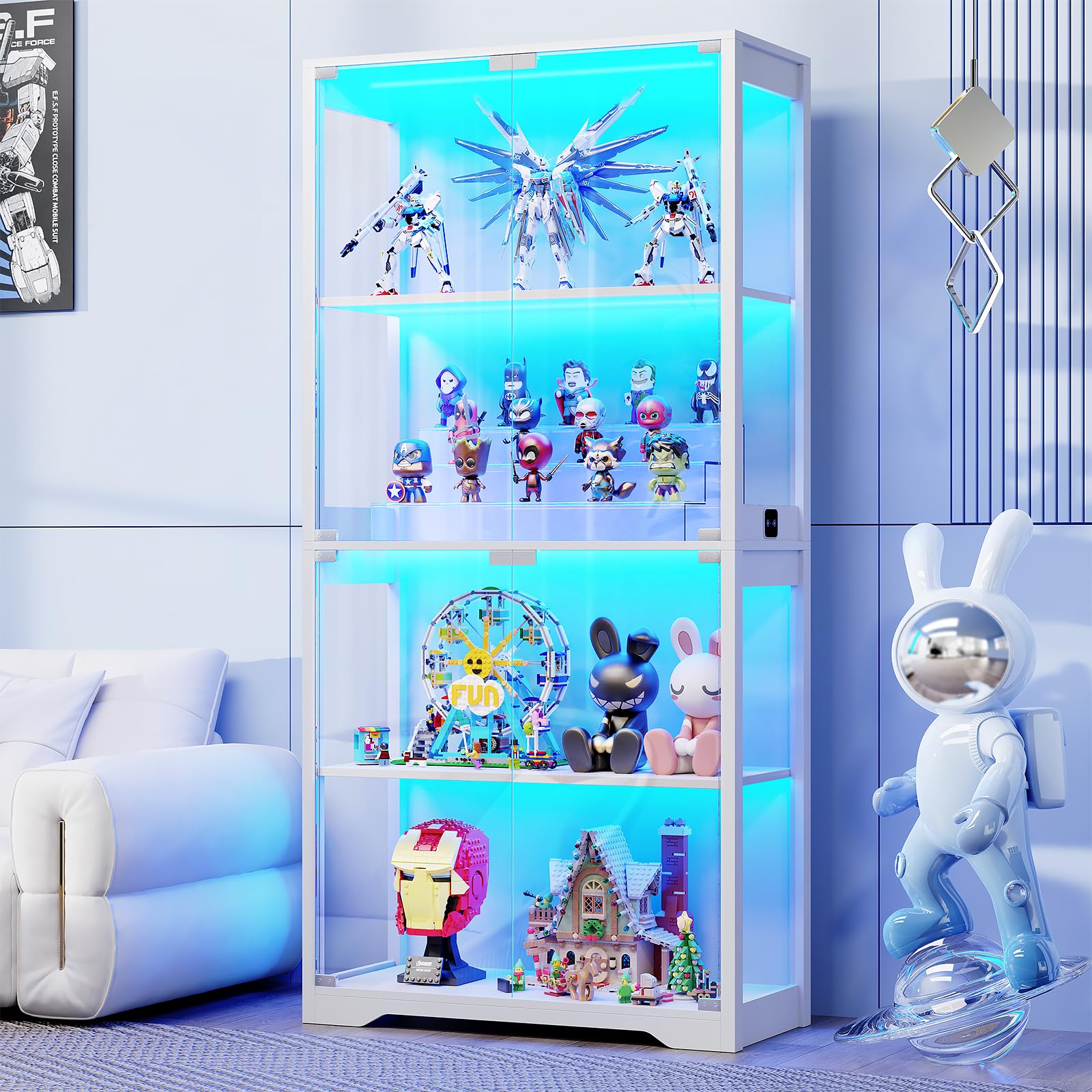 BROTTAR Display Cabinet with Glass Doors, 4-Tier Curio Cabinet with 3 Color Lights for Collectibles, Glass Display Case with Human Body Sensor, Bookcase with 4 Shelves, Storage Cabinets, Black