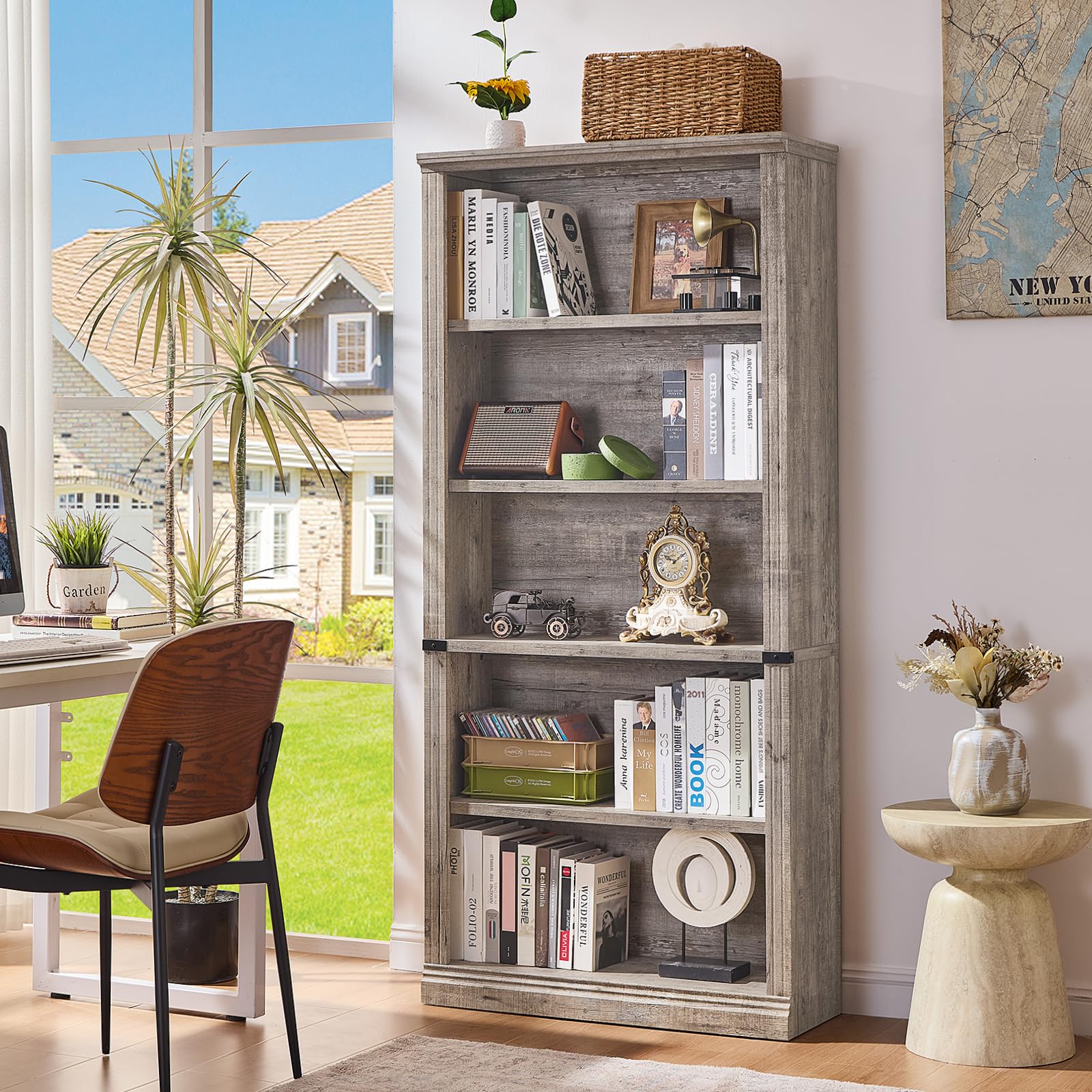RWYHG 43" Walnut Tall Bookshelf,3-Tier Thick Wooden Book Shelf with Adjustable Shelves,Free Standing Farmhouse Bookcase with Open Display Storage,Floor Vintage Bookshelves for Living Room,Office