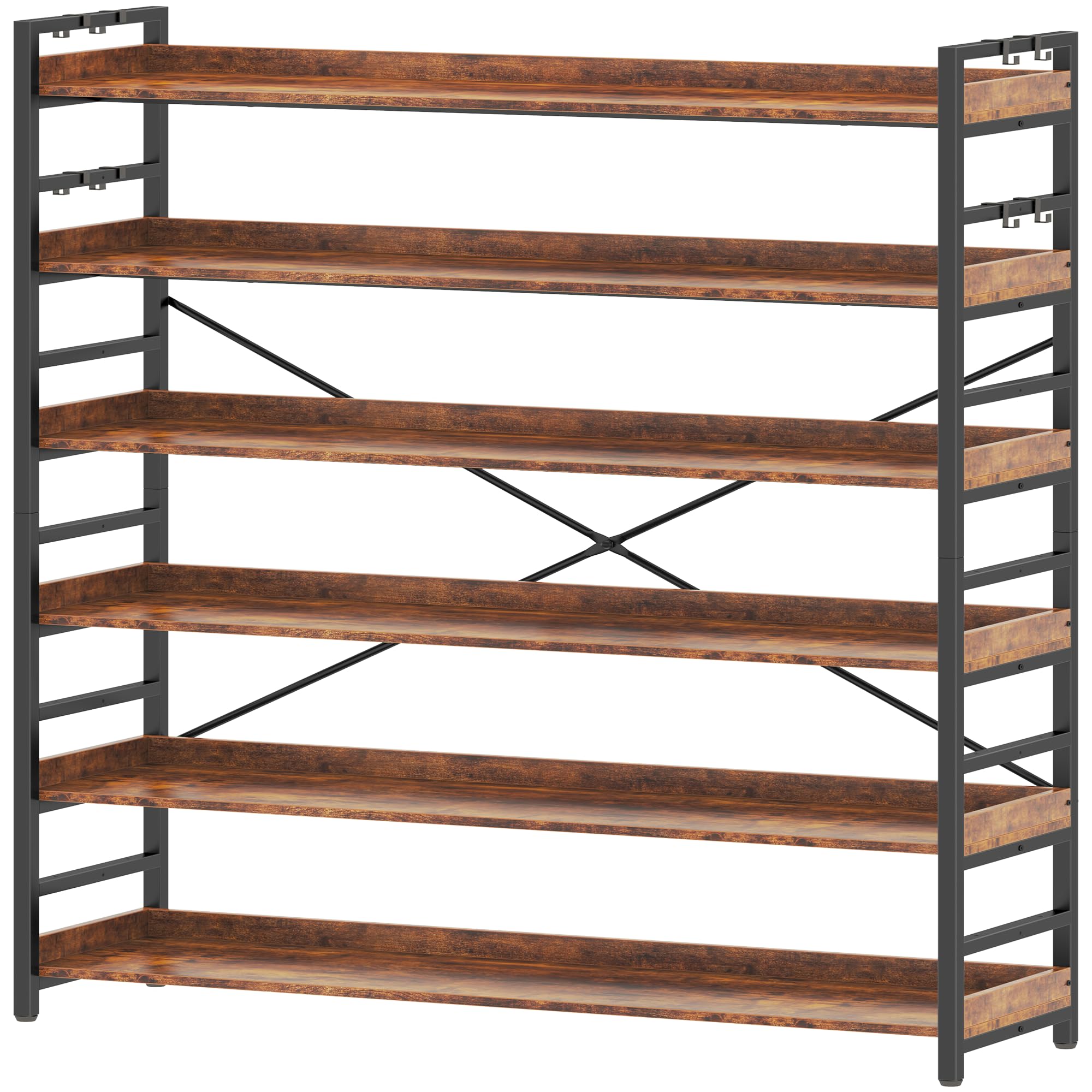 HCHQHS Adjustable 6 Tier Open Bookcase, Rustic Farmhouse Book Shelves, Industrial Wood and Black Metal Bookshelves, Mid Century Bookcase for Home Office Living Room Bedroom