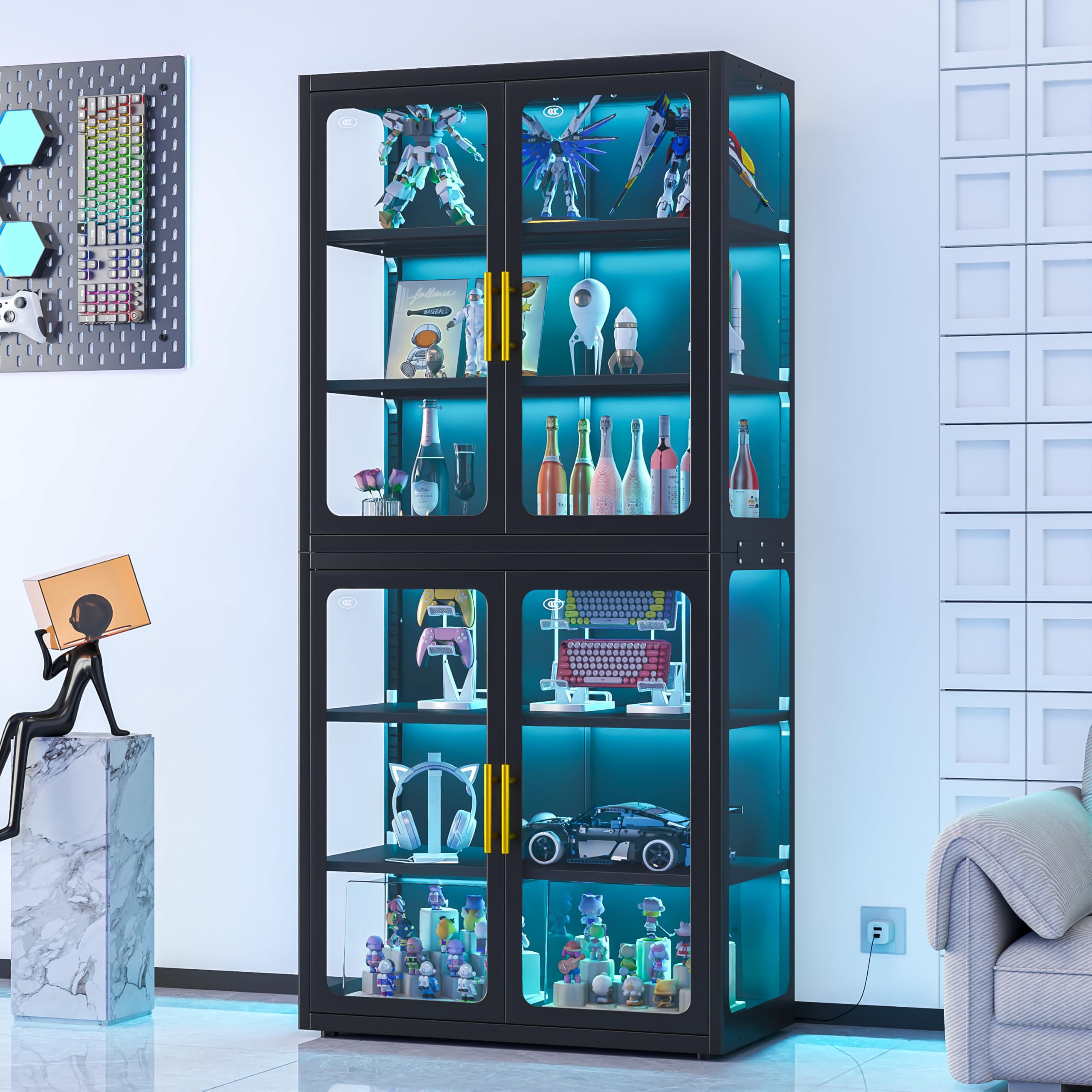 PAOFIN 71" H Locking Display Cabinet with Glass Door, Metal Curio Cabinets with 4 Adjustable Shelves, Tall Liquor Cabinet Display Case for Living Room, Collectibles, Home - Assembly Required Black