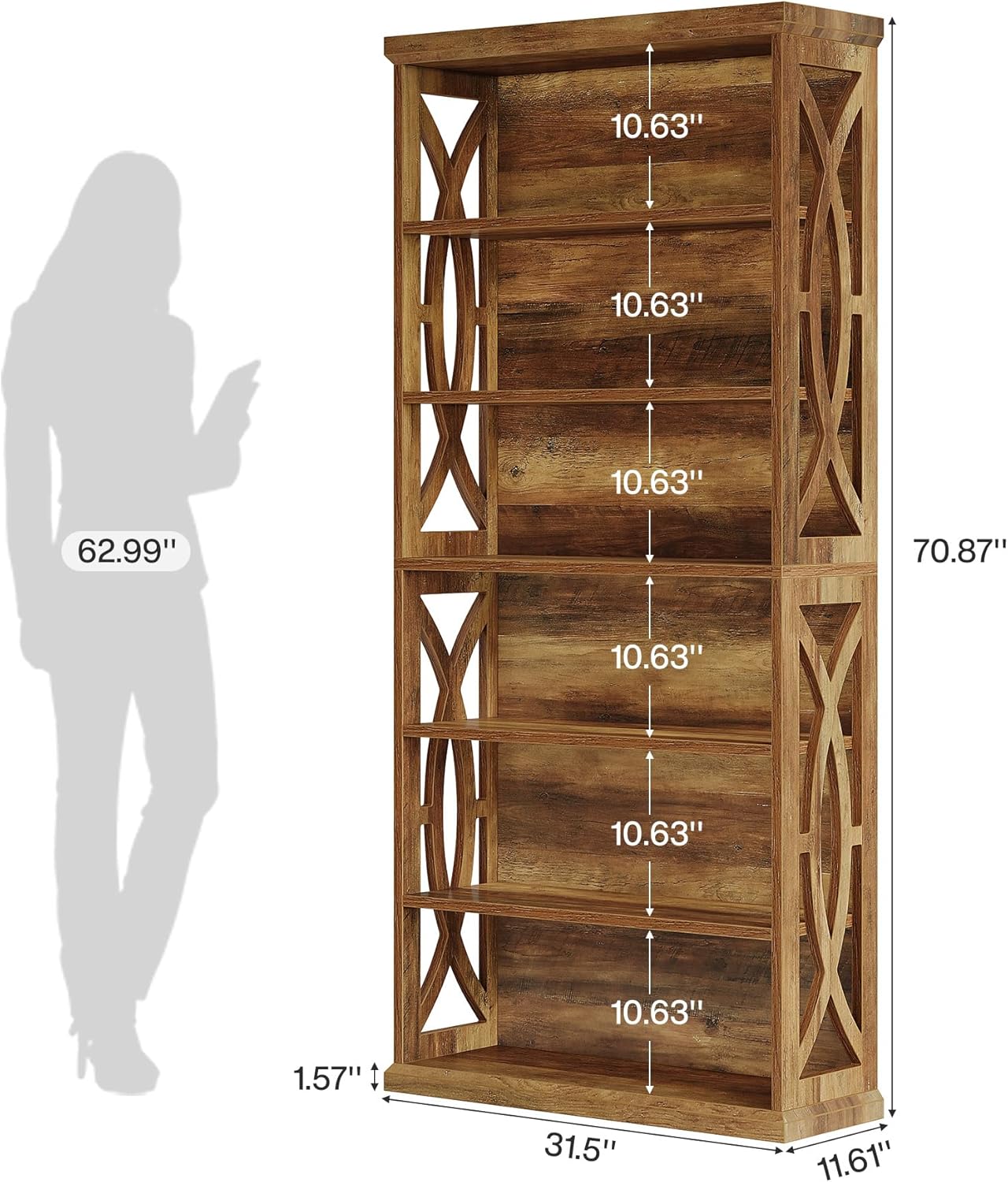 Tribesigns 6-Tier Bookshelf, 71 Inches Tall Freestanding Bookcase, Large Industrial Bookshelves Display Shelves, Wooden Book Shelf for Home Office, Living Room, Bed Room, Rustic Brown