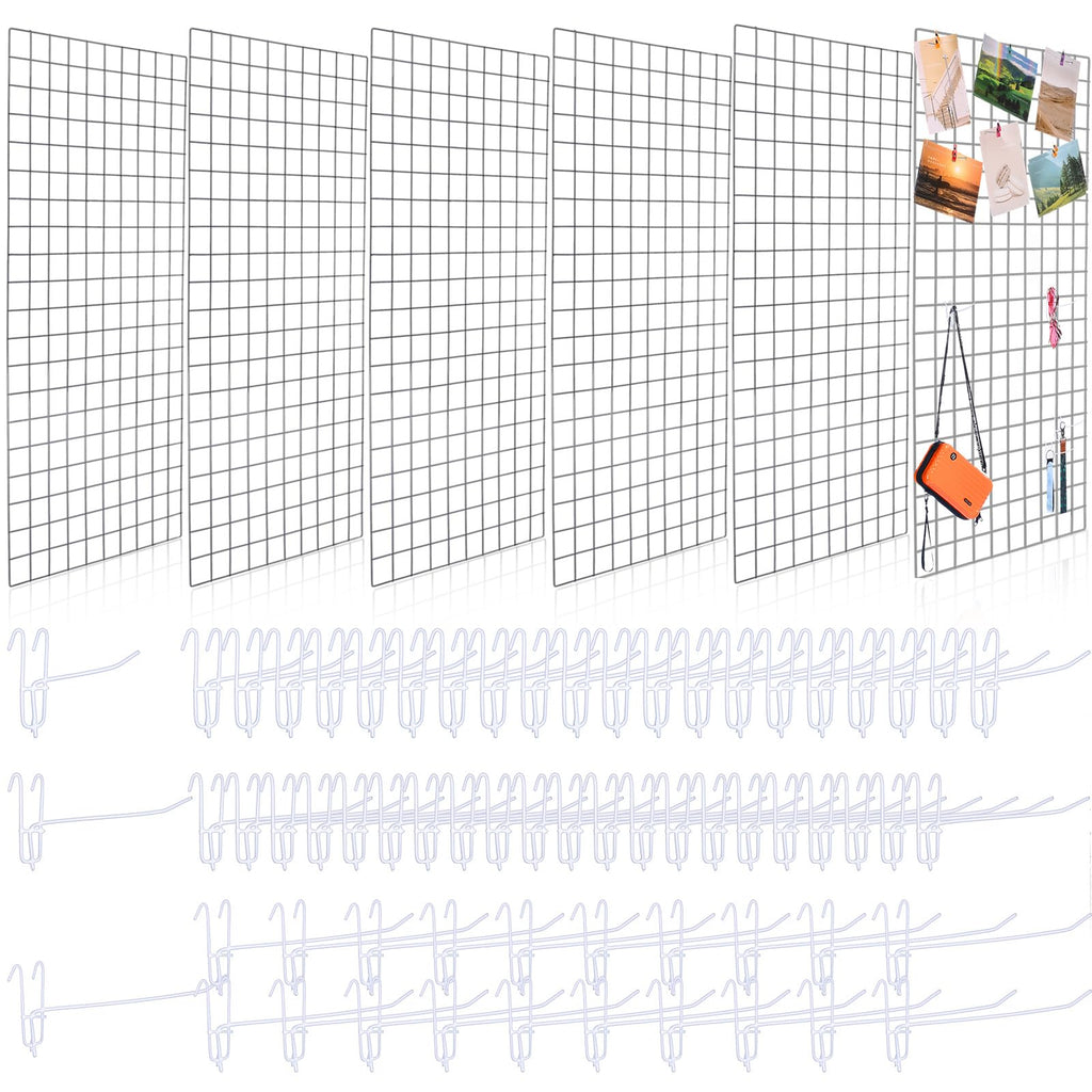 Hicarer 6 Pcs Commercial Grade Gridwall Panels for Display, Heavy Duty Wire Grid Wall Display Rack Metal Wall Mount Grid with 60 White Hooks for Retail Display Home Storage Vendor Events(2 x 5 ft)