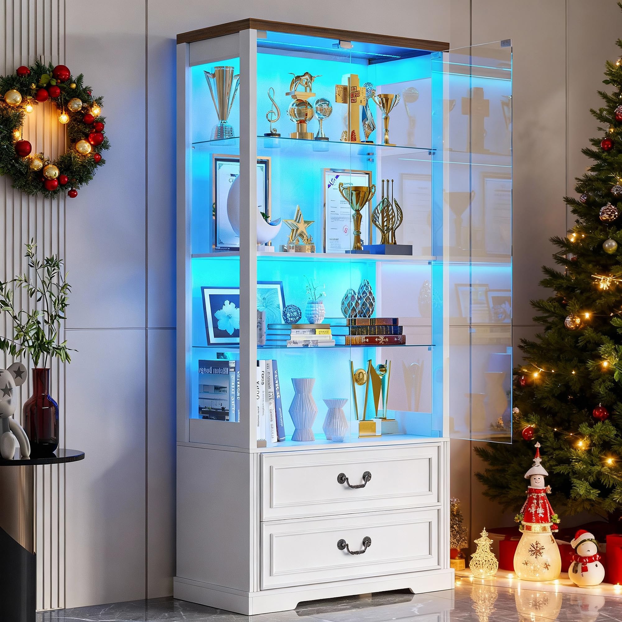 TAGELIER 67" Tall Display Cabinet with Glass Doors and 2 Drawers, Adjustable Glass Height Bookcase, Curio Cabinet with 3 LED Lights and Human Body Sensor (White)
