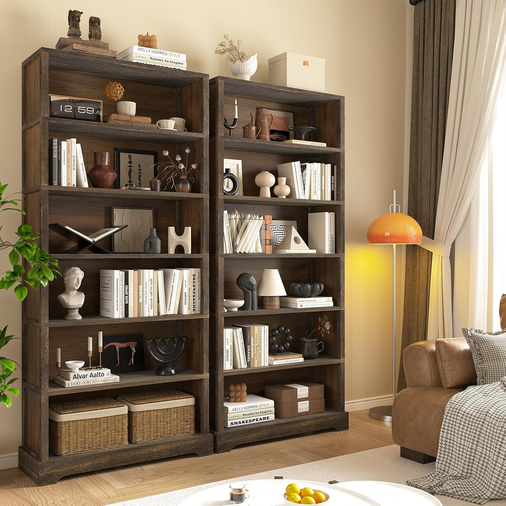 TVU 6-Tier Wooden Book Shelf, Floor-Standing Display Bookcase, 77.2" H x 31.5" W x 11" D Bookshelf, Farmhouse Style Book Case with Arched Base, Suitable for Living Room, Study, Office, Walnut