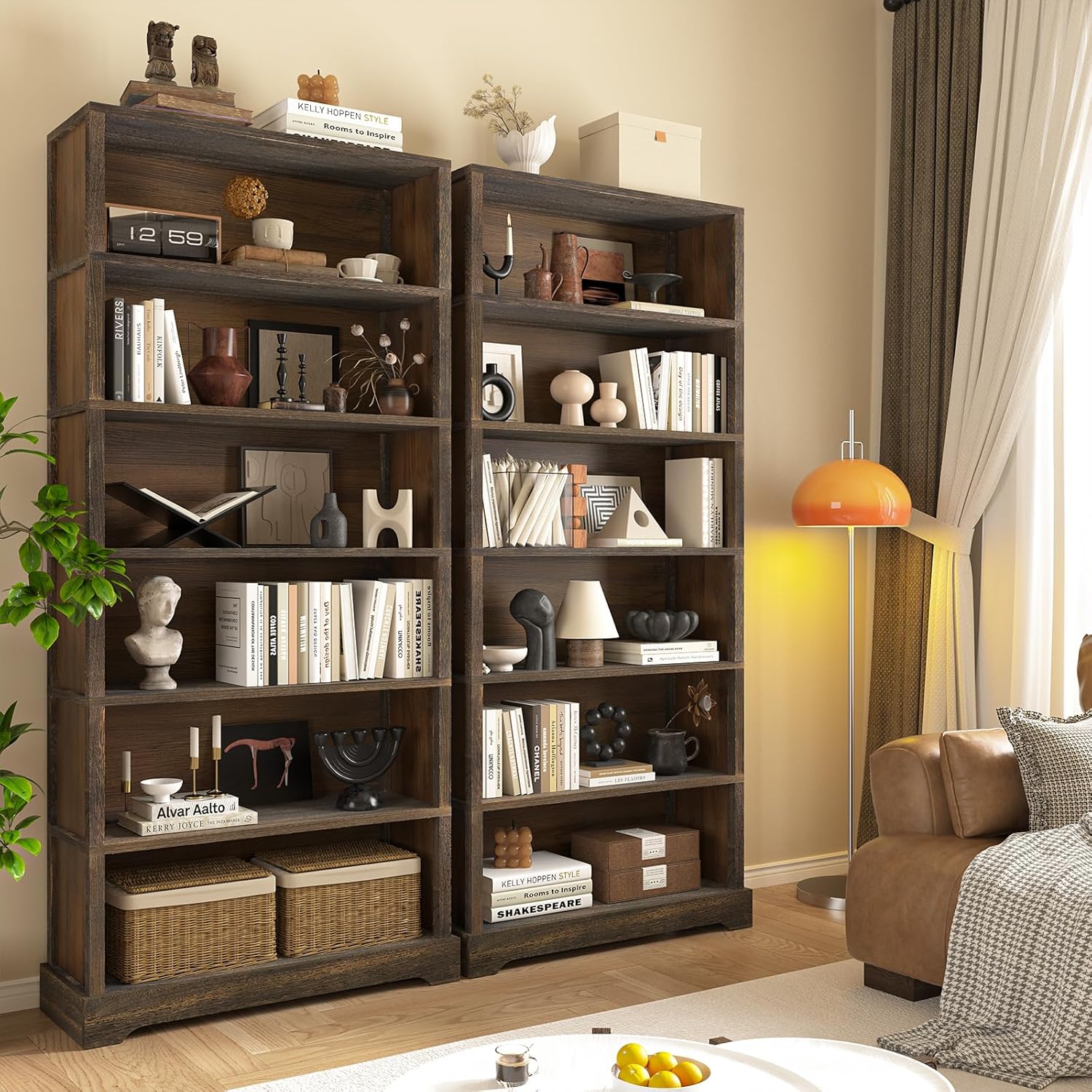 TVU 6-Tier Wooden Book Shelf, Floor-Standing Display Bookcase, 77.2" H x 31.5" W x 11" D Bookshelf, Farmhouse Style Book Case with Arched Base, Suitable for Living Room, Study, Office, Walnut