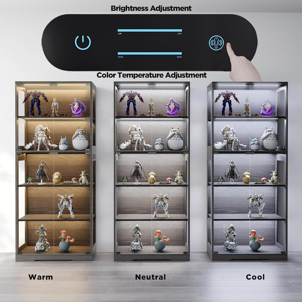 Glass Display Cabinet, 5-Tier Curio Cabinet with Glass Doors, Dimming LED Lights & Motion Sensor, for Collectible Figures, Living Room, Bedroom, or Office (Wooden Frame)